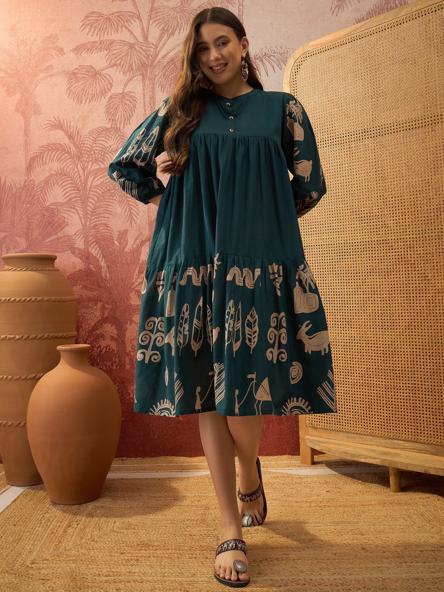 Women's Green Boho Printed Cotton Tiered Dress (DRSGREENMAAYURI) | Des