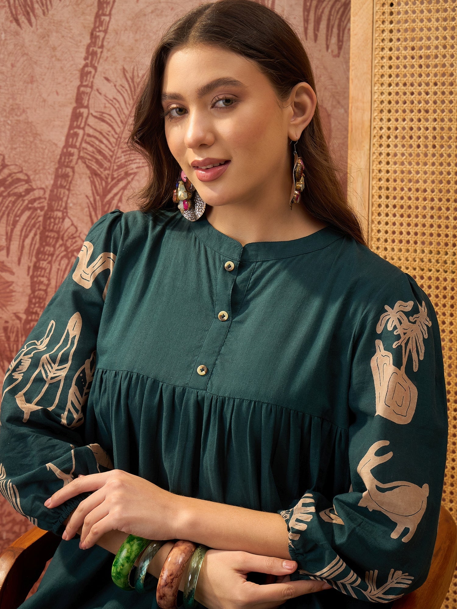 Women's Green Boho Printed Cotton Tiered Dress (DRSGREENMAAYURI) | Des
