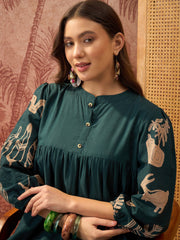 Stylum Women's Green Boho Printed Cotton Tiered Dress (DRSGREENMAAYURI)