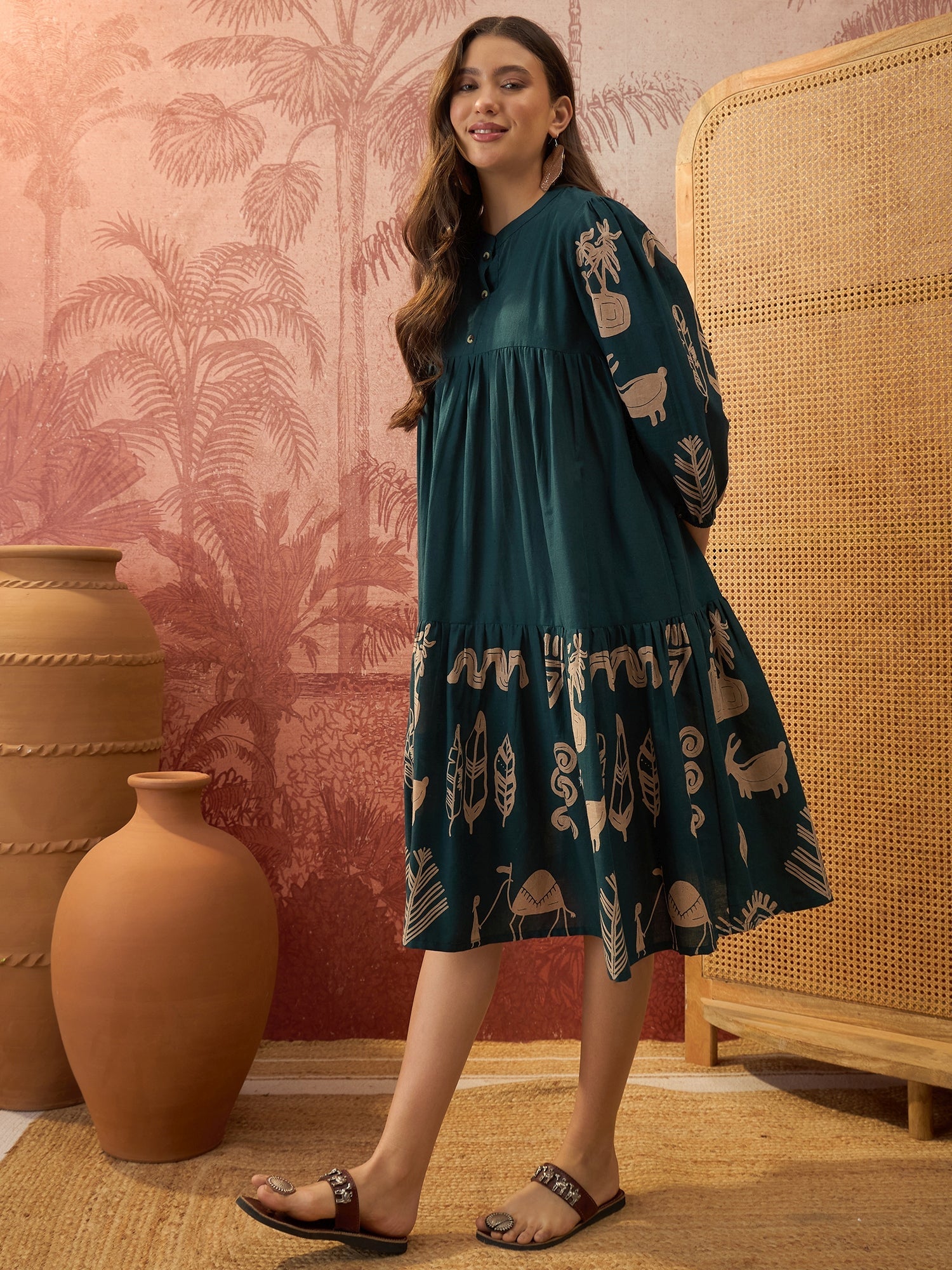 Women's Green Boho Printed Cotton Tiered Dress (DRSGREENMAAYURI) | Des