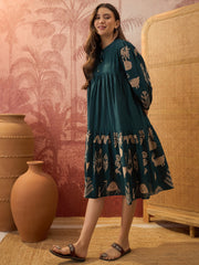 Stylum Women's Green Boho Printed Cotton Tiered Dress (DRSGREENMAAYURI)