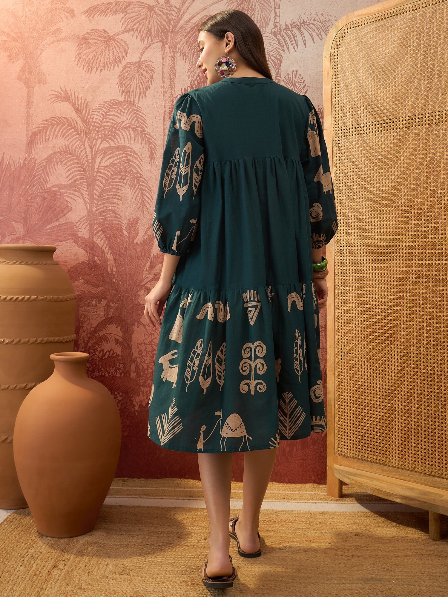 Women's Green Boho Printed Cotton Tiered Dress (DRSGREENMAAYURI) | Des