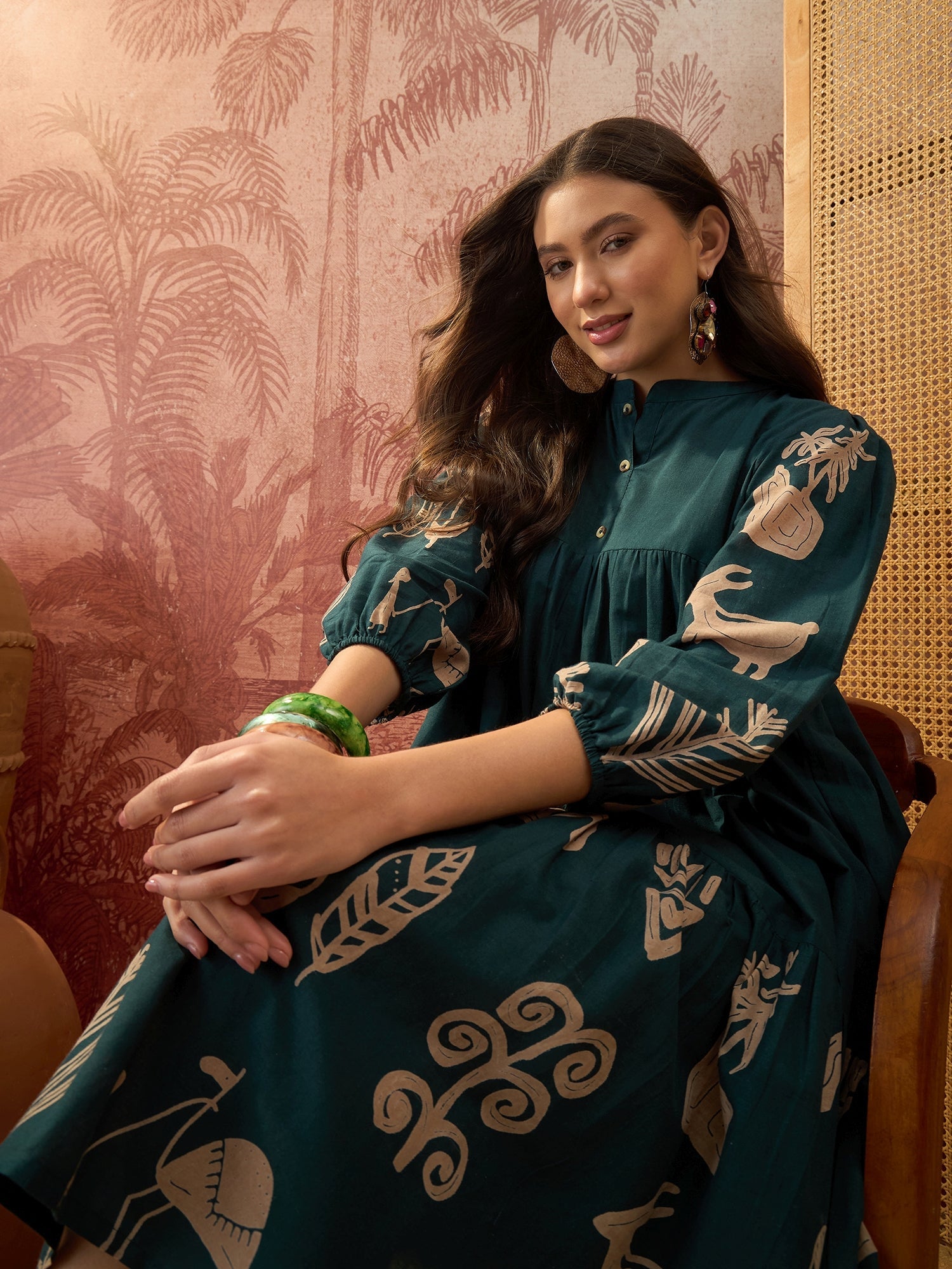 Women's Green Boho Printed Cotton Tiered Dress (DRSGREENMAAYURI) | Des