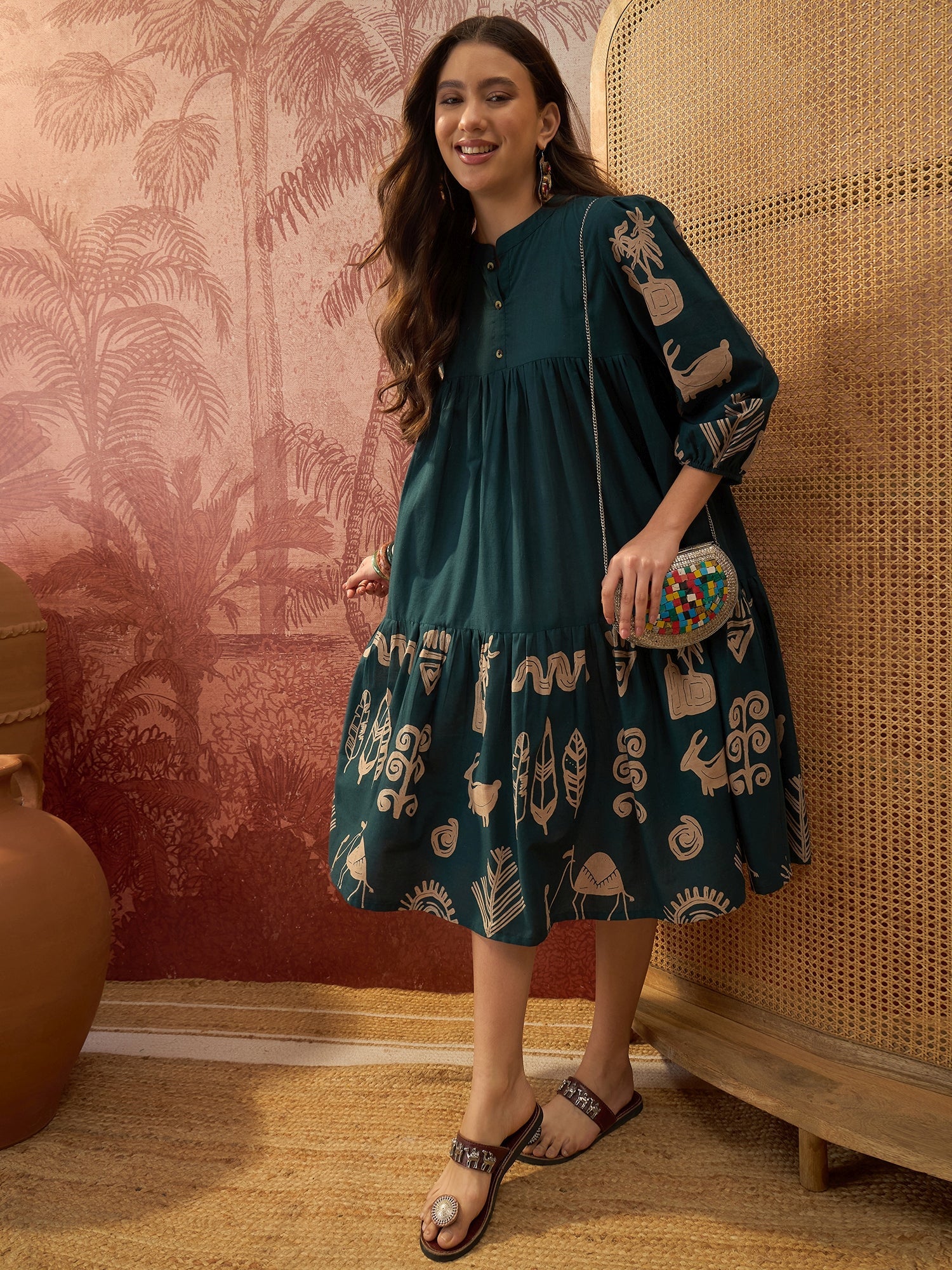 Women's Green Boho Printed Cotton Tiered Dress (DRSGREENMAAYURI) | Des