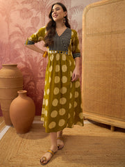 Stylum Women's Mustard Block Printed Cotton Flared Dress (DRSMUSTDAPER)