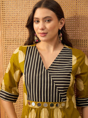 Stylum Women's Mustard Block Printed Cotton Flared Dress (DRSMUSTDAPER)