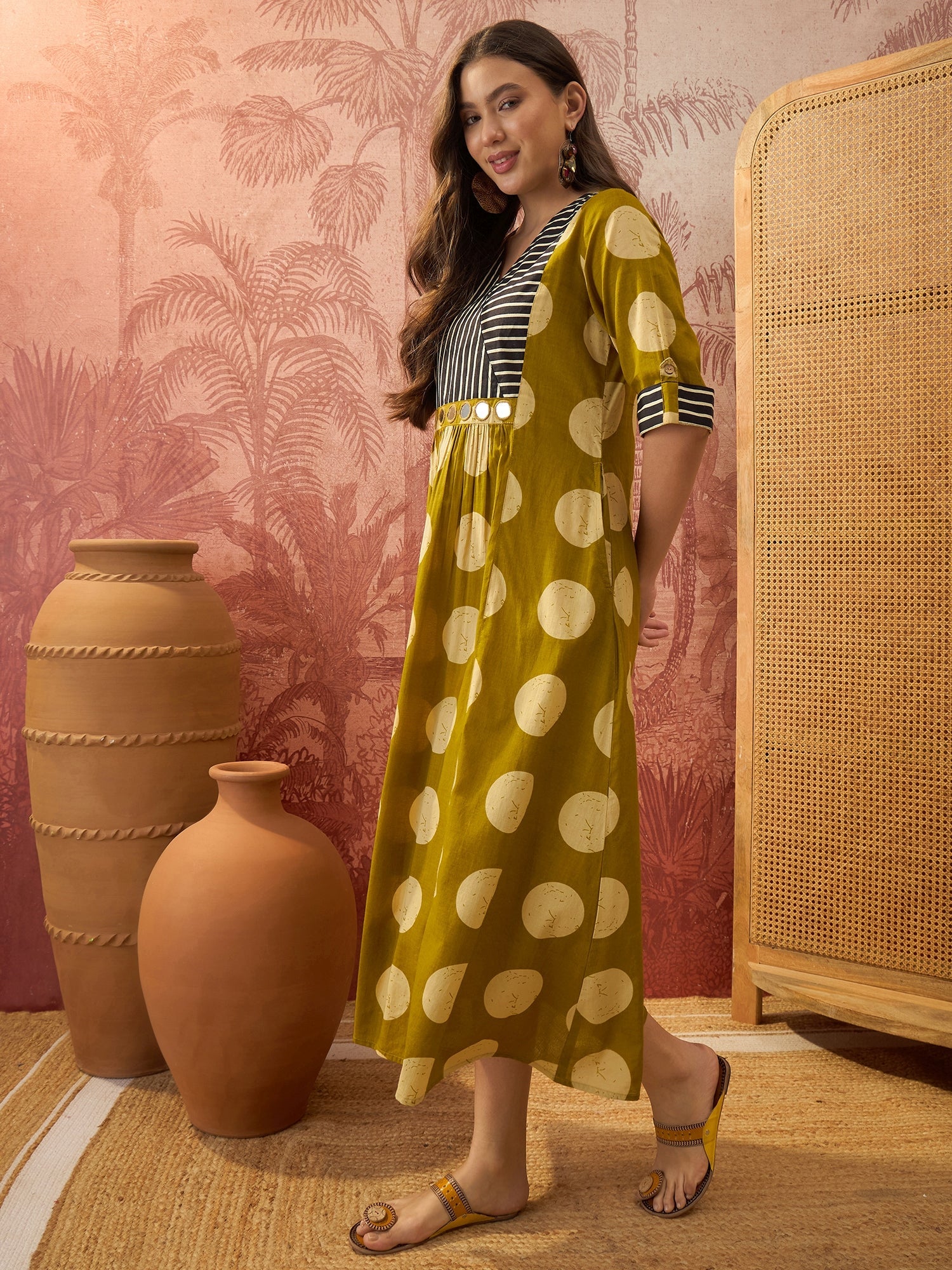 Stylum Women's Mustard Block Printed Cotton Flared Dress (DRSMUSTDAPER)