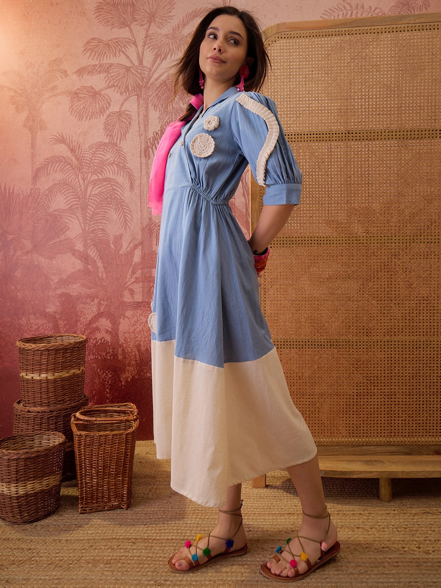 Women's Sky Blue Solid & Embroidered Cotton Flex A-Line Dress (DRSSKYK