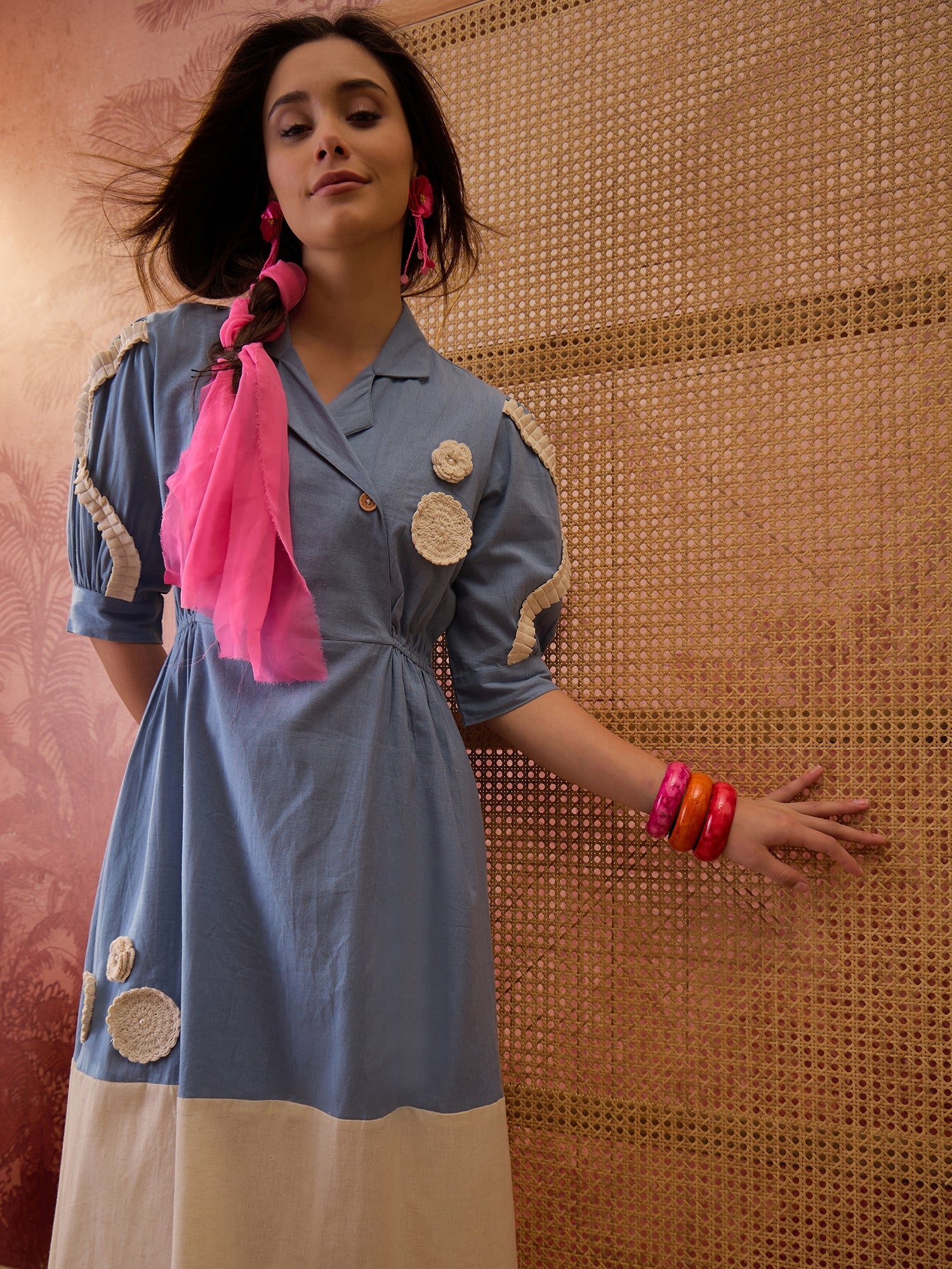 Women's Sky Blue Solid & Embroidered Cotton Flex A-Line Dress (DRSSKYK