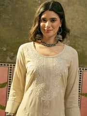 Stylum Women's Ivory Solid & Embroidered Rayon Straight Kurta (IVORYESPIRT)