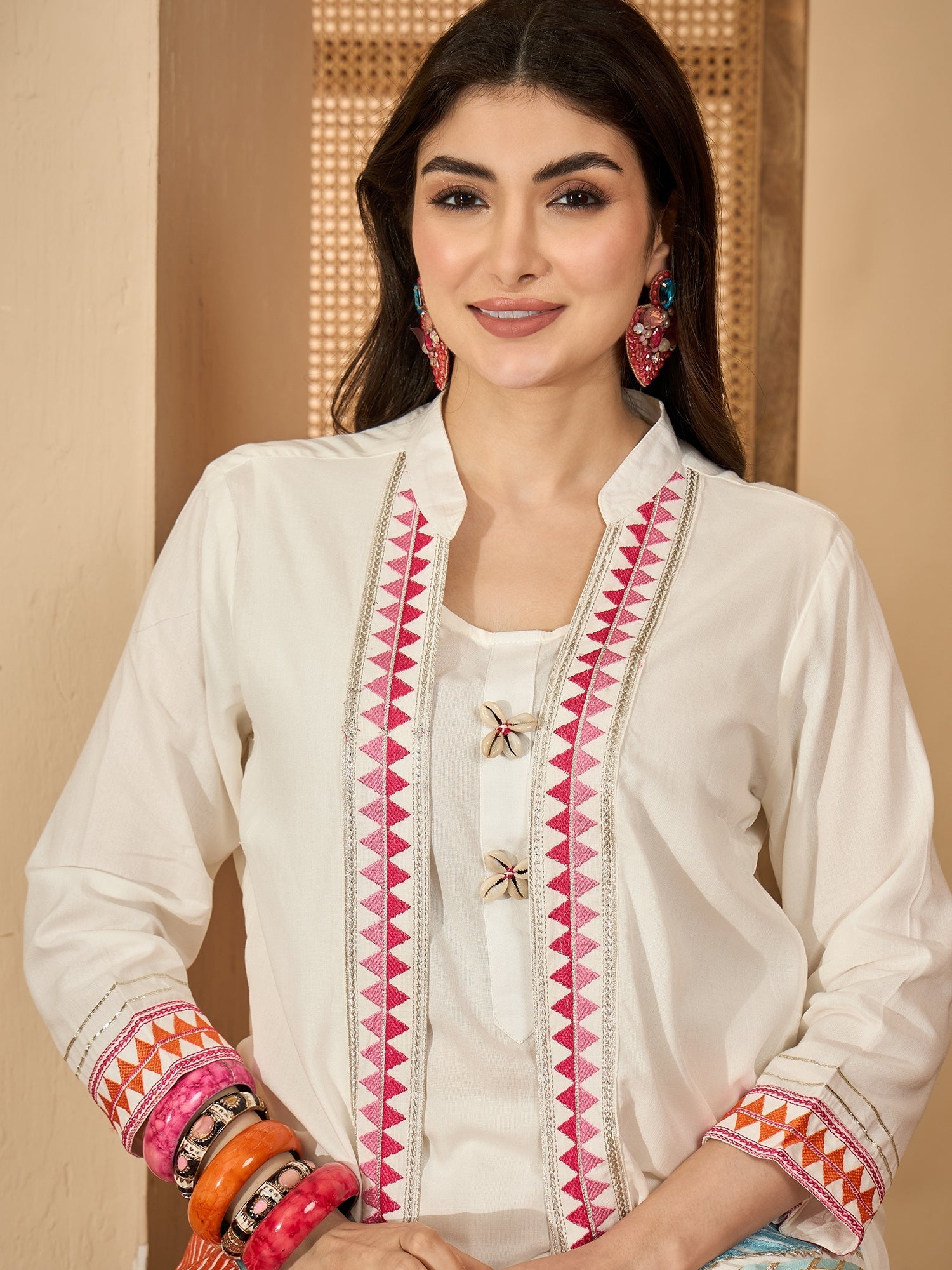 Women's White Solid & Embroidered Rayon A-Line Kurti Dhoti Pant with J