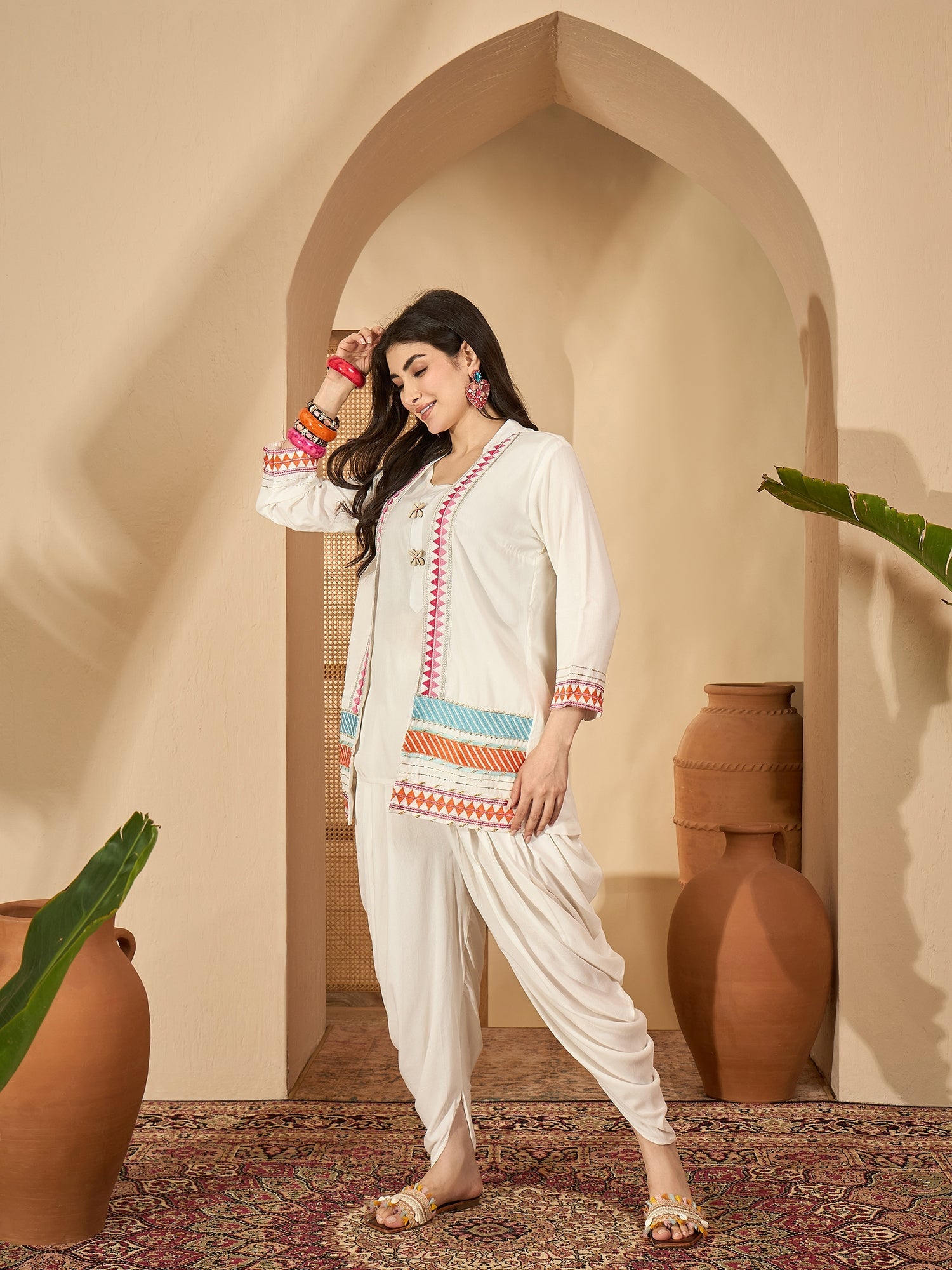 Women's White Solid & Embroidered Rayon A-Line Kurti Dhoti Pant with J