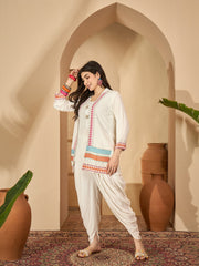 Stylum Women's White Solid & Embroidered Rayon A-Line Kurti Dhoti Pant with Jacket (JTDWHITEROBIN)
