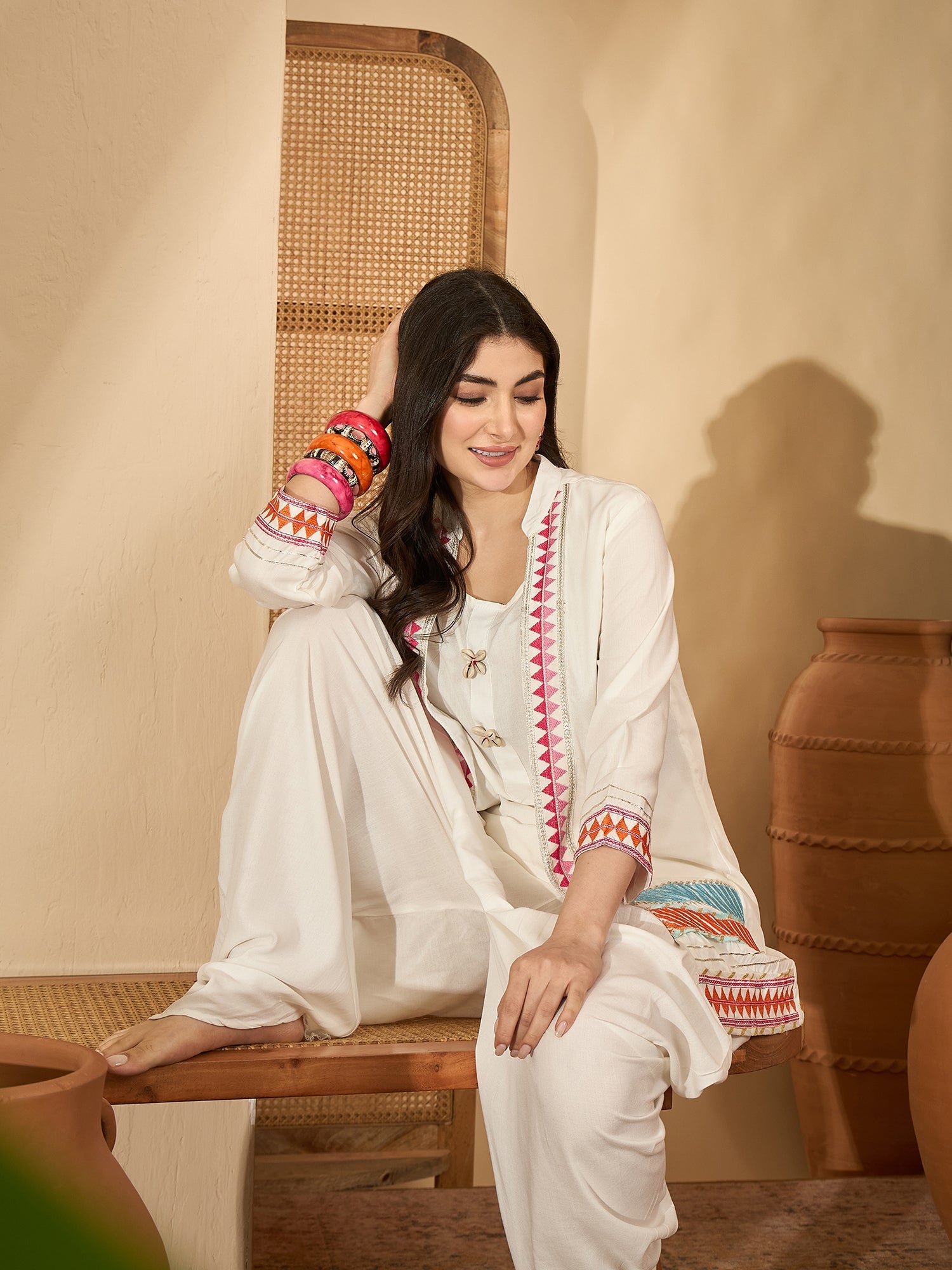 Women's White Solid & Embroidered Rayon A-Line Kurti Dhoti Pant with J