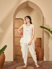 Stylum Women's White Solid & Embroidered Rayon A-Line Kurti Dhoti Pant with Jacket (JTDWHITEROBIN)