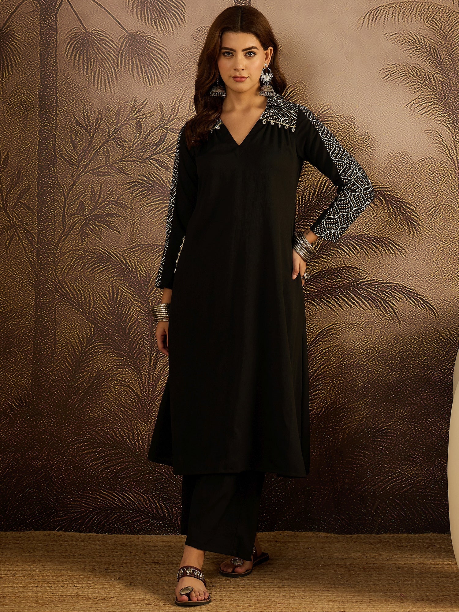 Women's Black Solid Crepe A-Line Kurta Pant Set (KPBLACKKOTA) | DesiQl