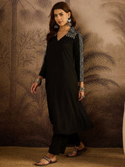 Stylum Women's Black Solid Crepe A-Line Kurta Pant Set (KPBLACKKOTA)