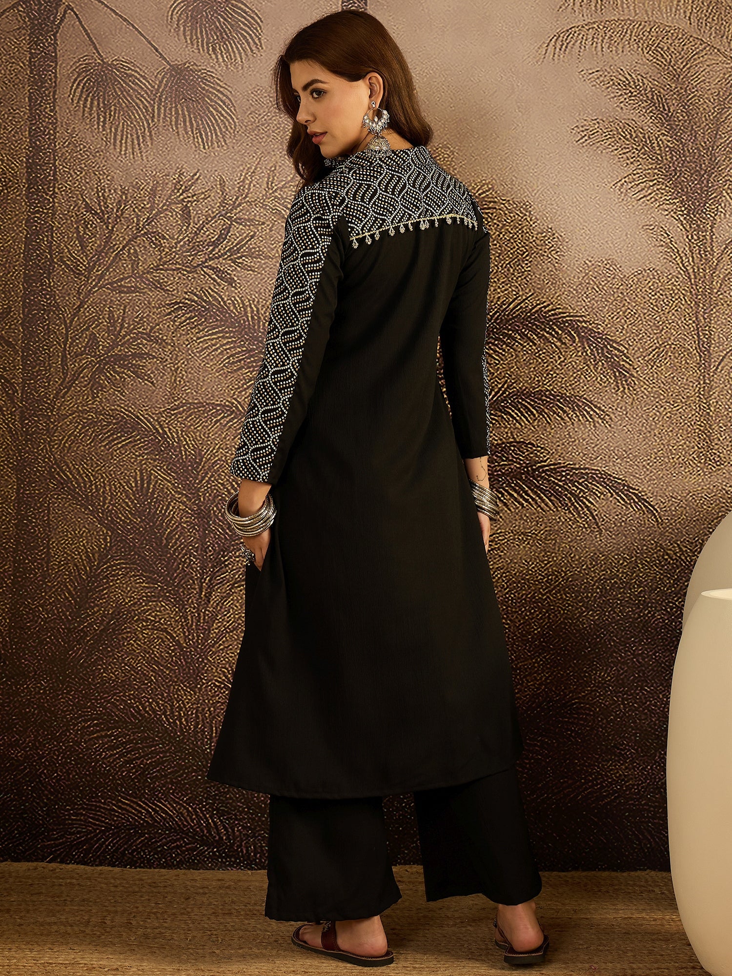 Women's Black Solid Crepe A-Line Kurta Pant Set (KPBLACKKOTA) | DesiQl