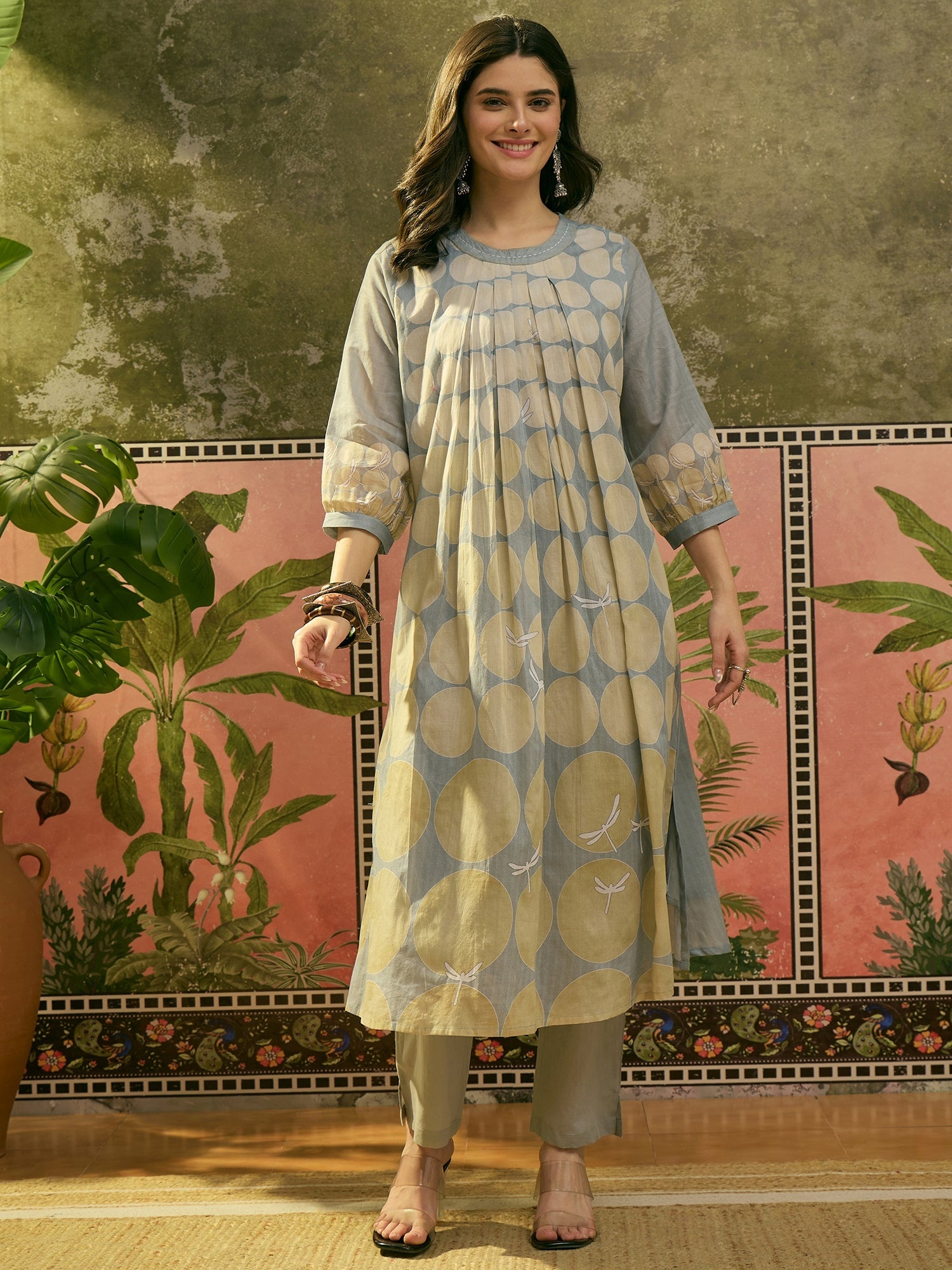 Women's Blue Polka Dots Printed Voile A-Line Kurta Pant Set (KPBLUEVOK