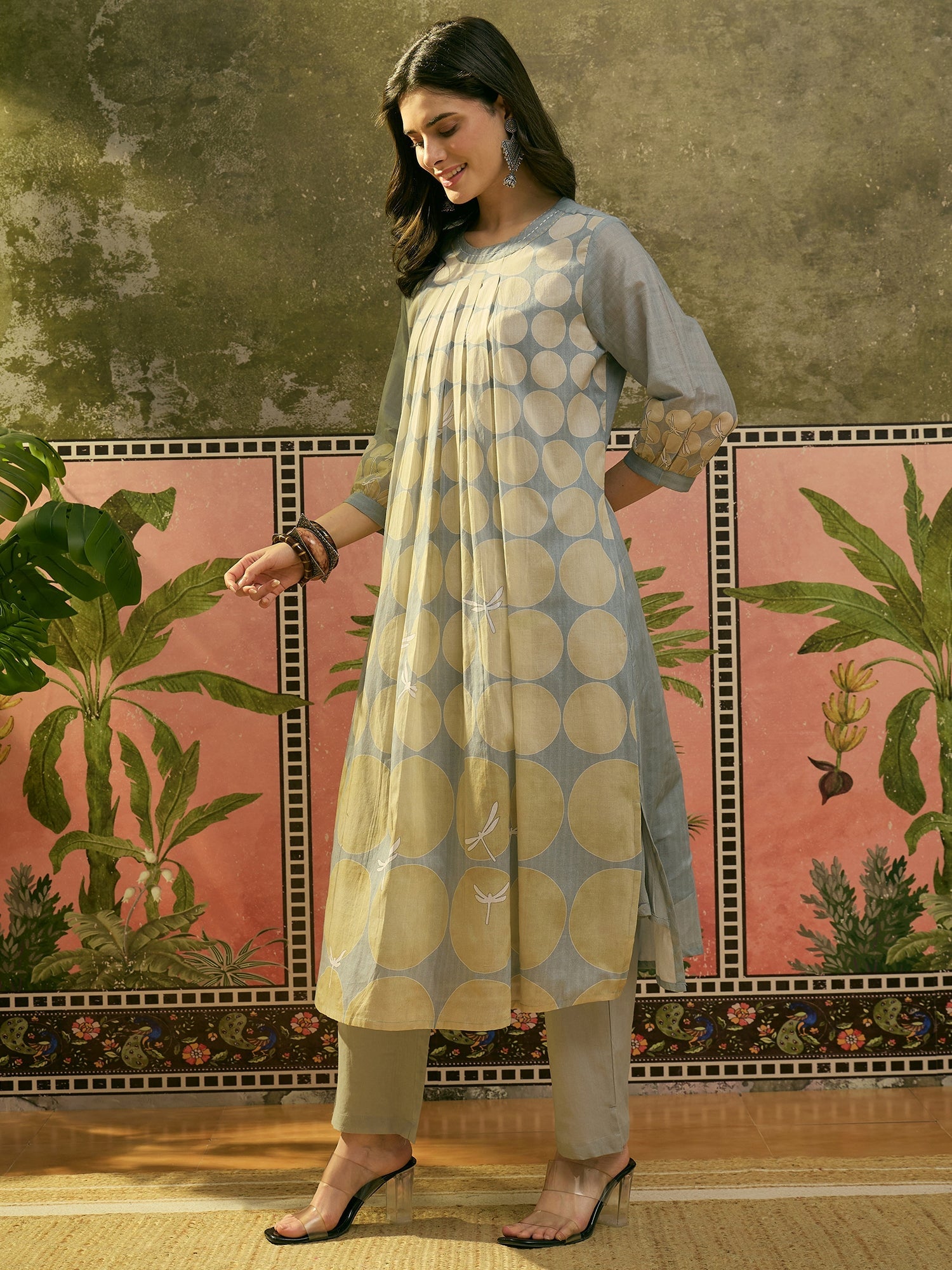 Women's Blue Polka Dots Printed Voile A-Line Kurta Pant Set (KPBLUEVOK