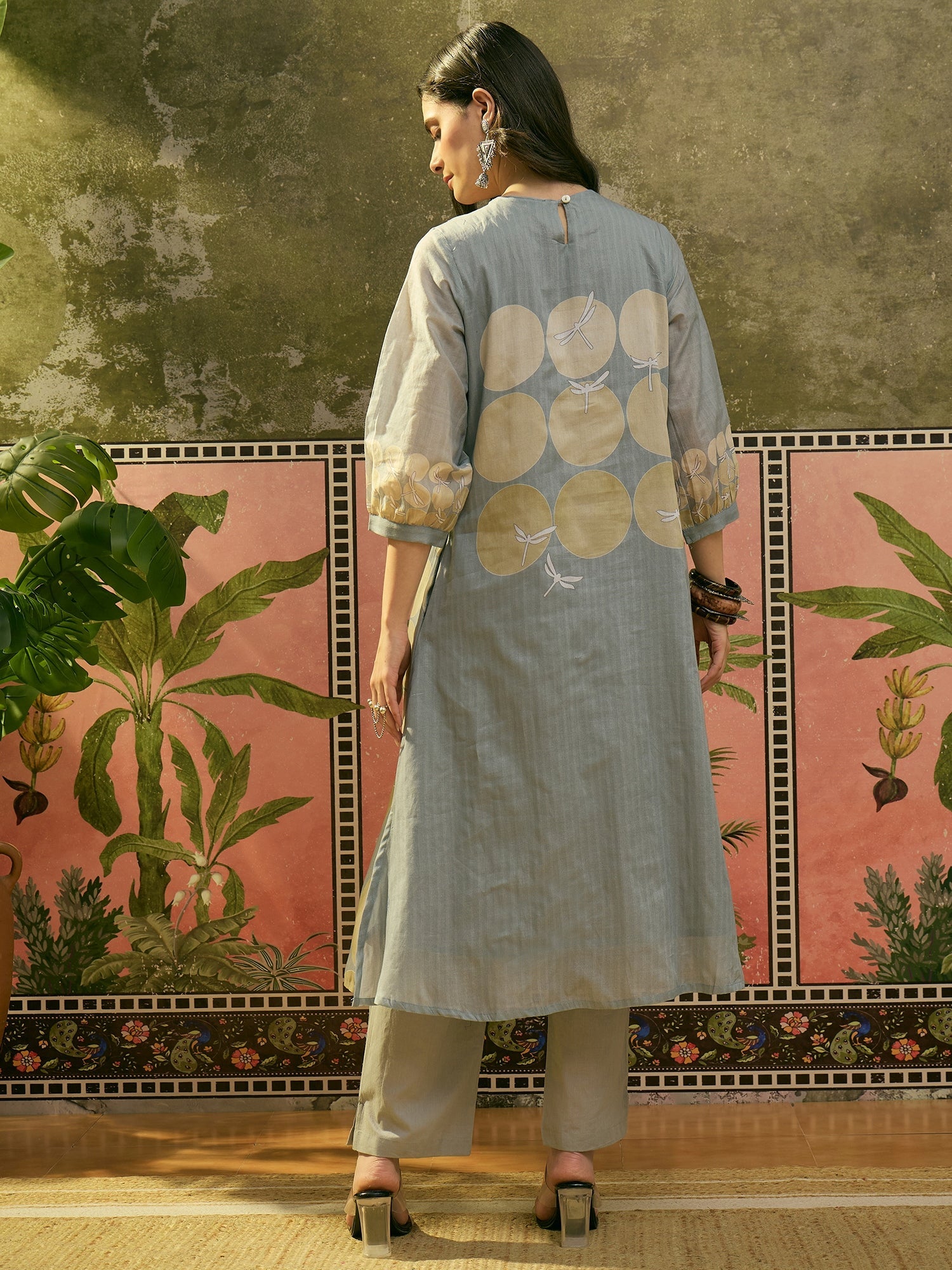 Women's Blue Polka Dots Printed Voile A-Line Kurta Pant Set (KPBLUEVOK