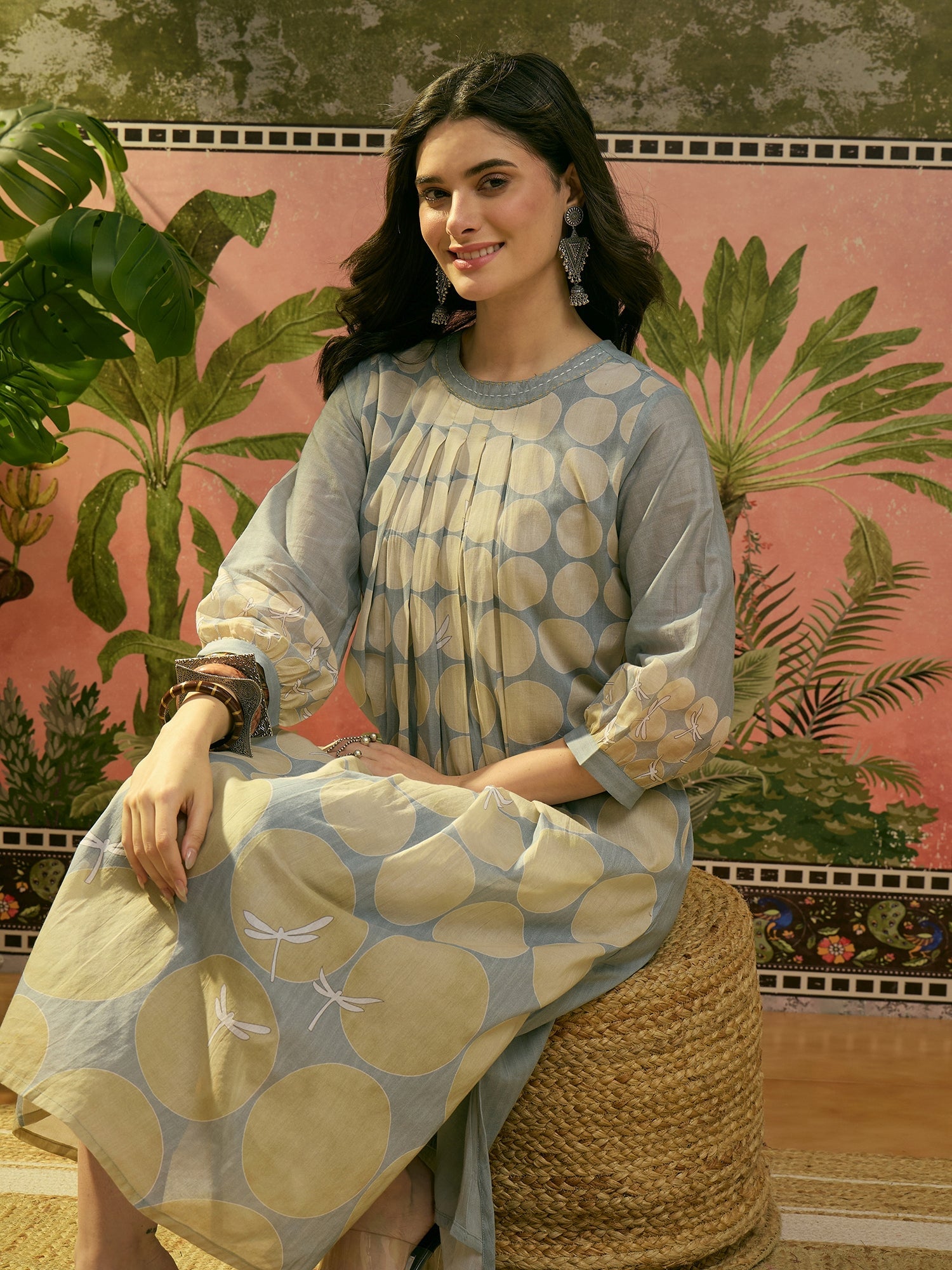 Women's Blue Polka Dots Printed Voile A-Line Kurta Pant Set (KPBLUEVOK