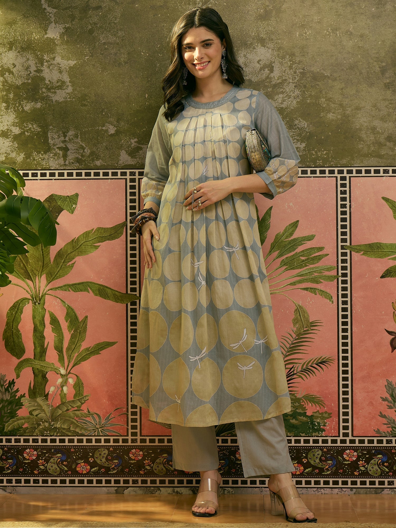 Women's Blue Polka Dots Printed Voile A-Line Kurta Pant Set (KPBLUEVOK