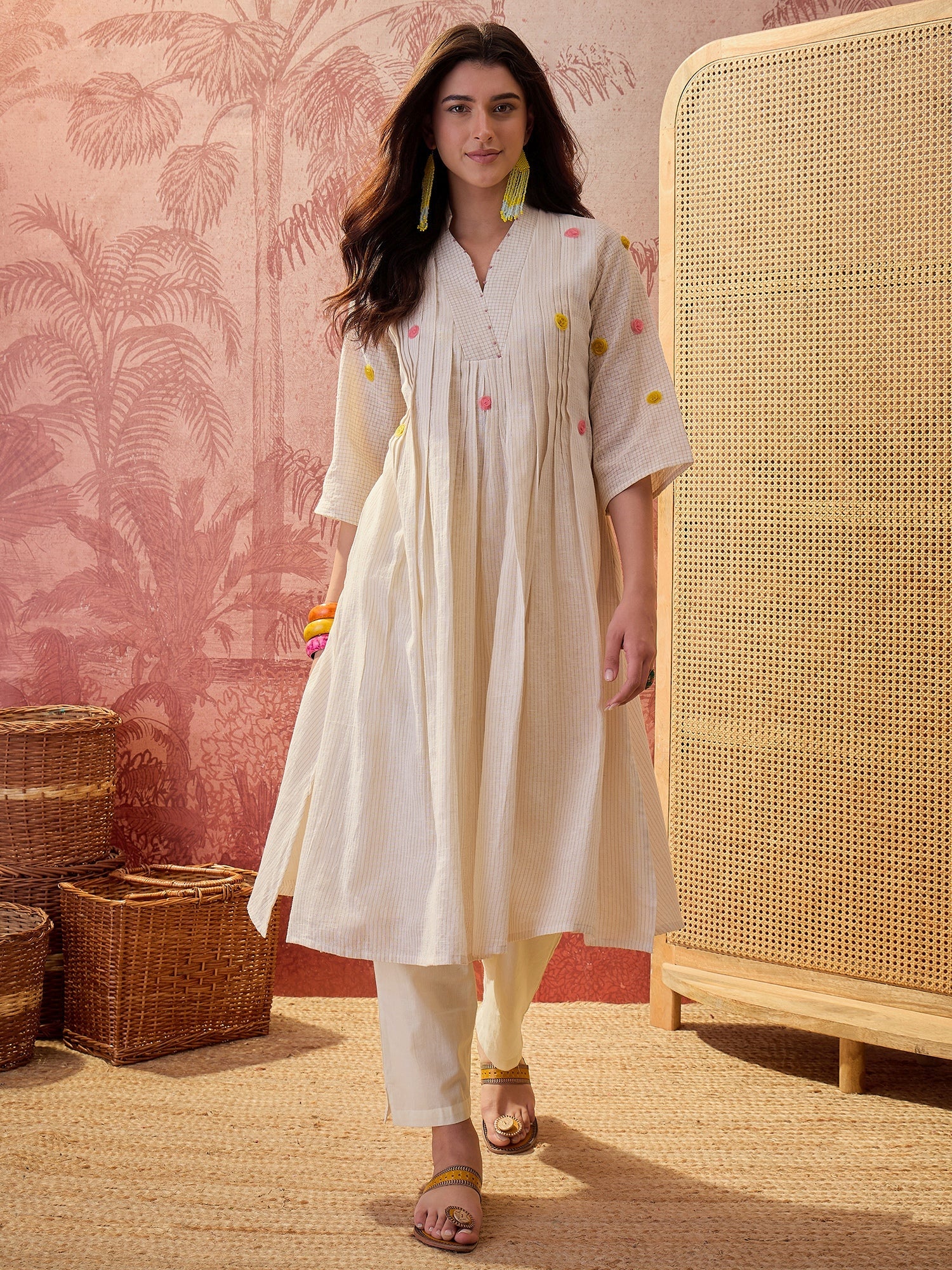 Women's Cream Solid & Embroidered Pleated Cotton A-Line Kurta Pant Set