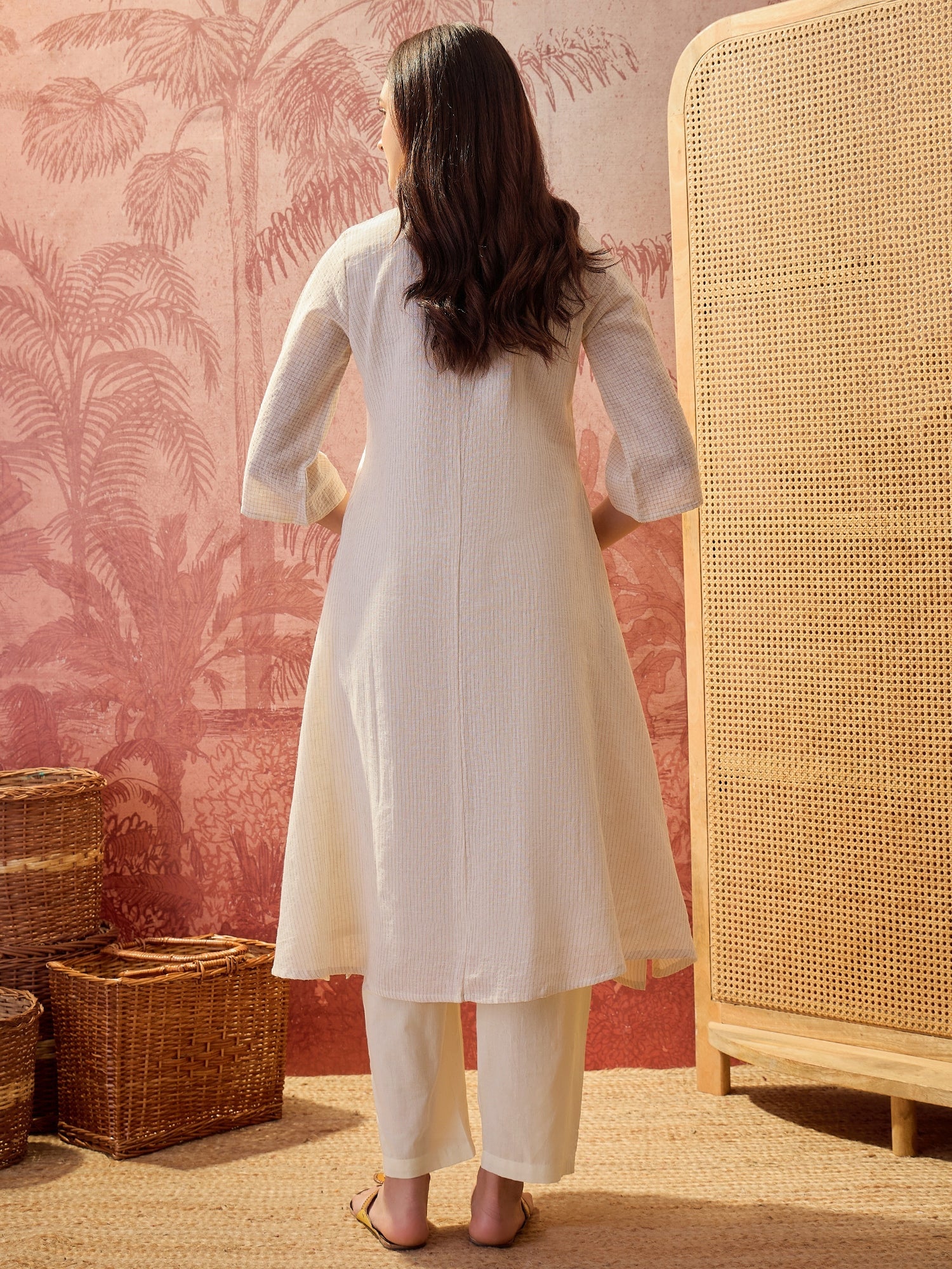 Women's Cream Solid & Embroidered Pleated Cotton A-Line Kurta Pant Set