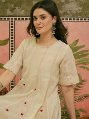 Stylum Women's Cream Self Design & Embroidered Cotton A-Line Kurta Pant Set (KPCREAMPOLMI)