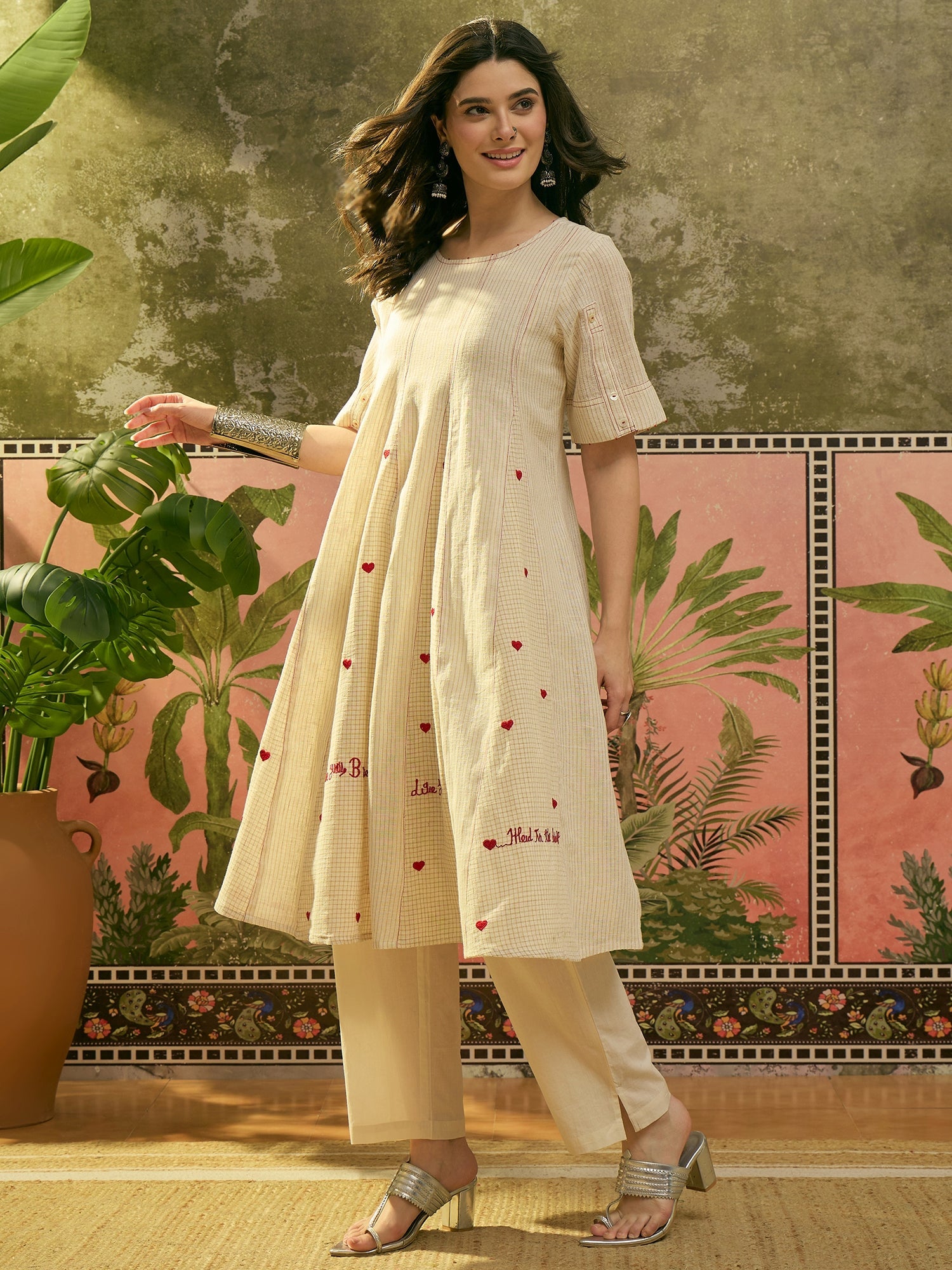 Stylum Women's Cream Self Design & Embroidered Cotton A-Line Kurta Pant Set (KPCREAMPOLMI)