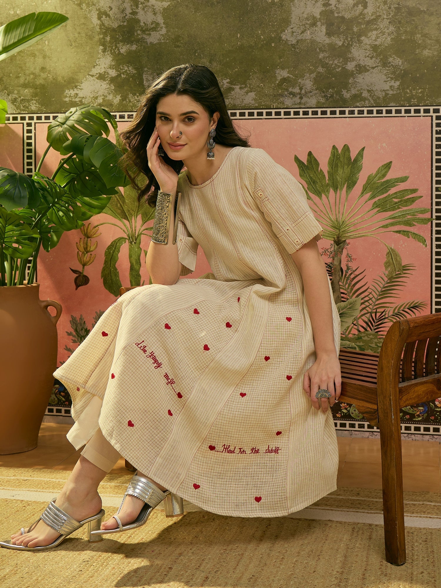 Stylum Women's Cream Self Design & Embroidered Cotton A-Line Kurta Pant Set (KPCREAMPOLMI)