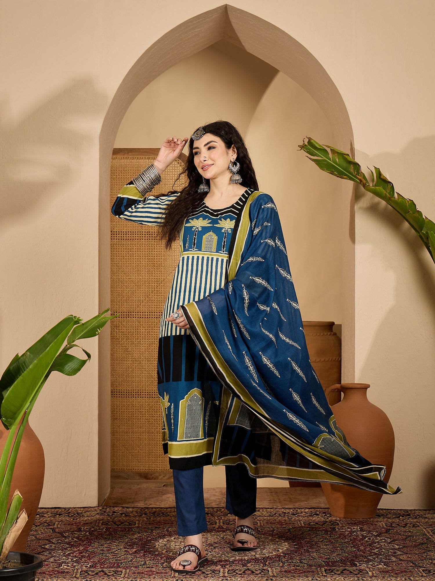 Women's Blue Striped Printed Cotton Straight Kurta Pant Dupatta Set (K