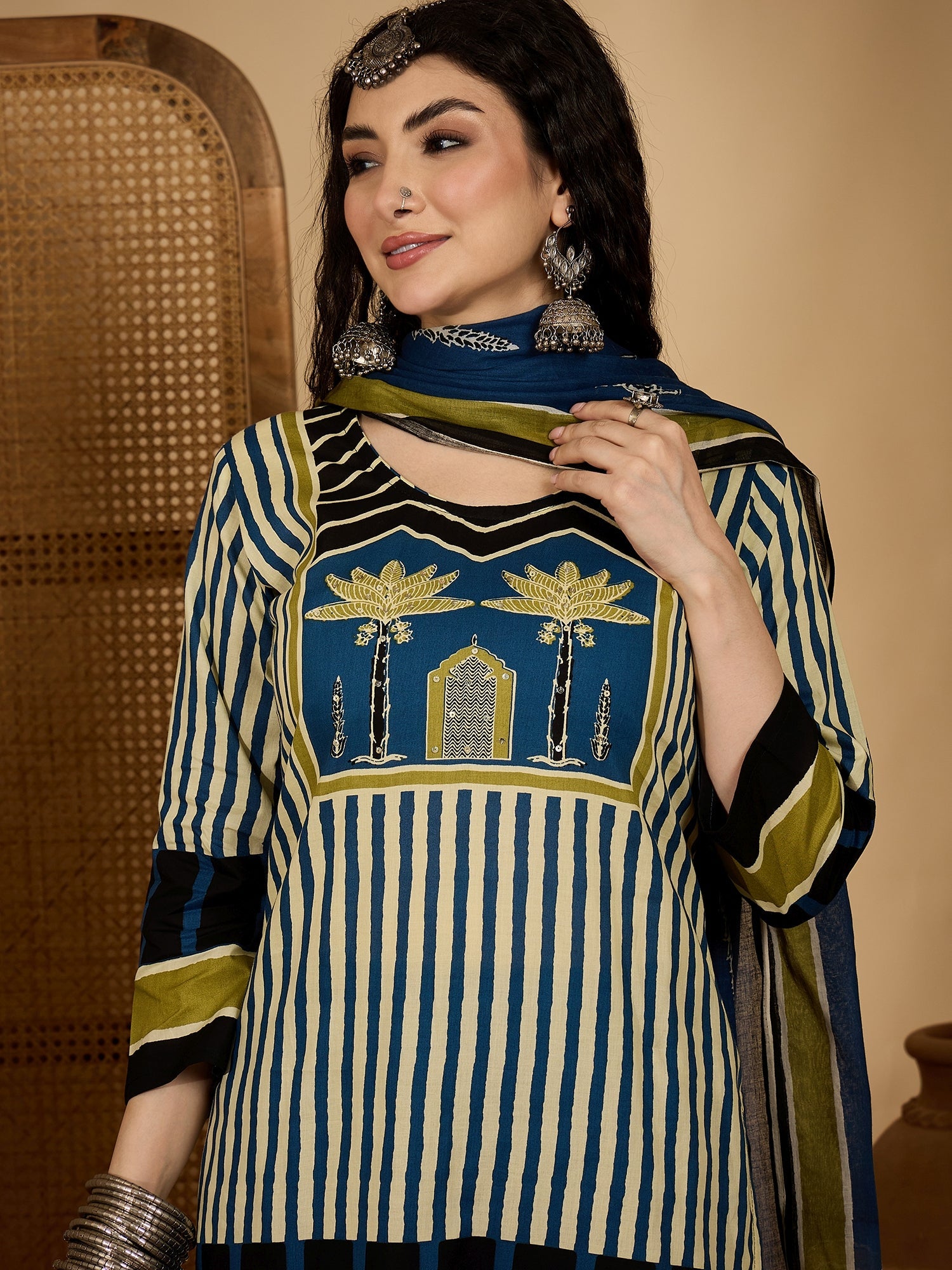 Women's Blue Striped Printed Cotton Straight Kurta Pant Dupatta Set (K
