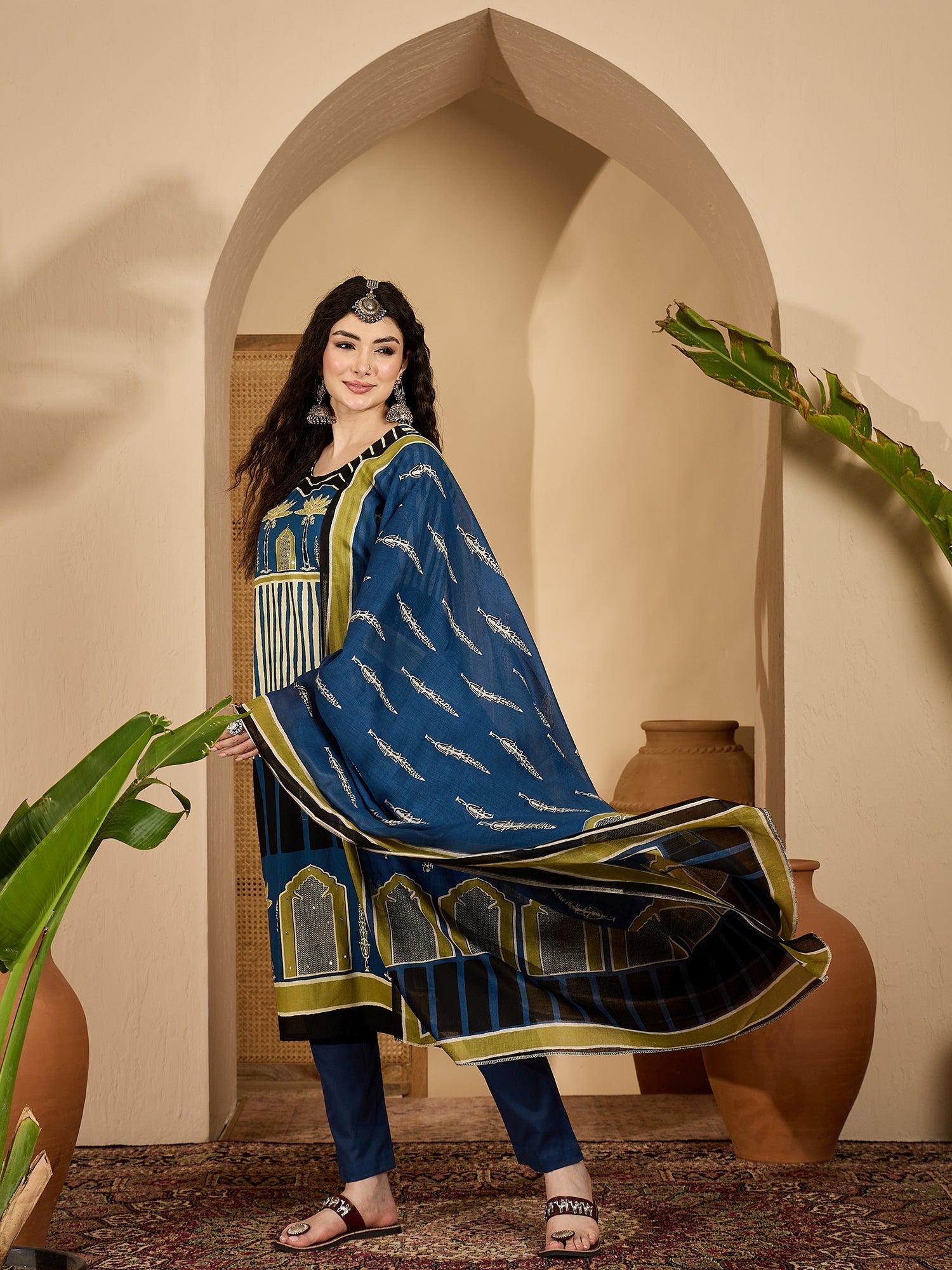 Women's Blue Striped Printed Cotton Straight Kurta Pant Dupatta Set (K