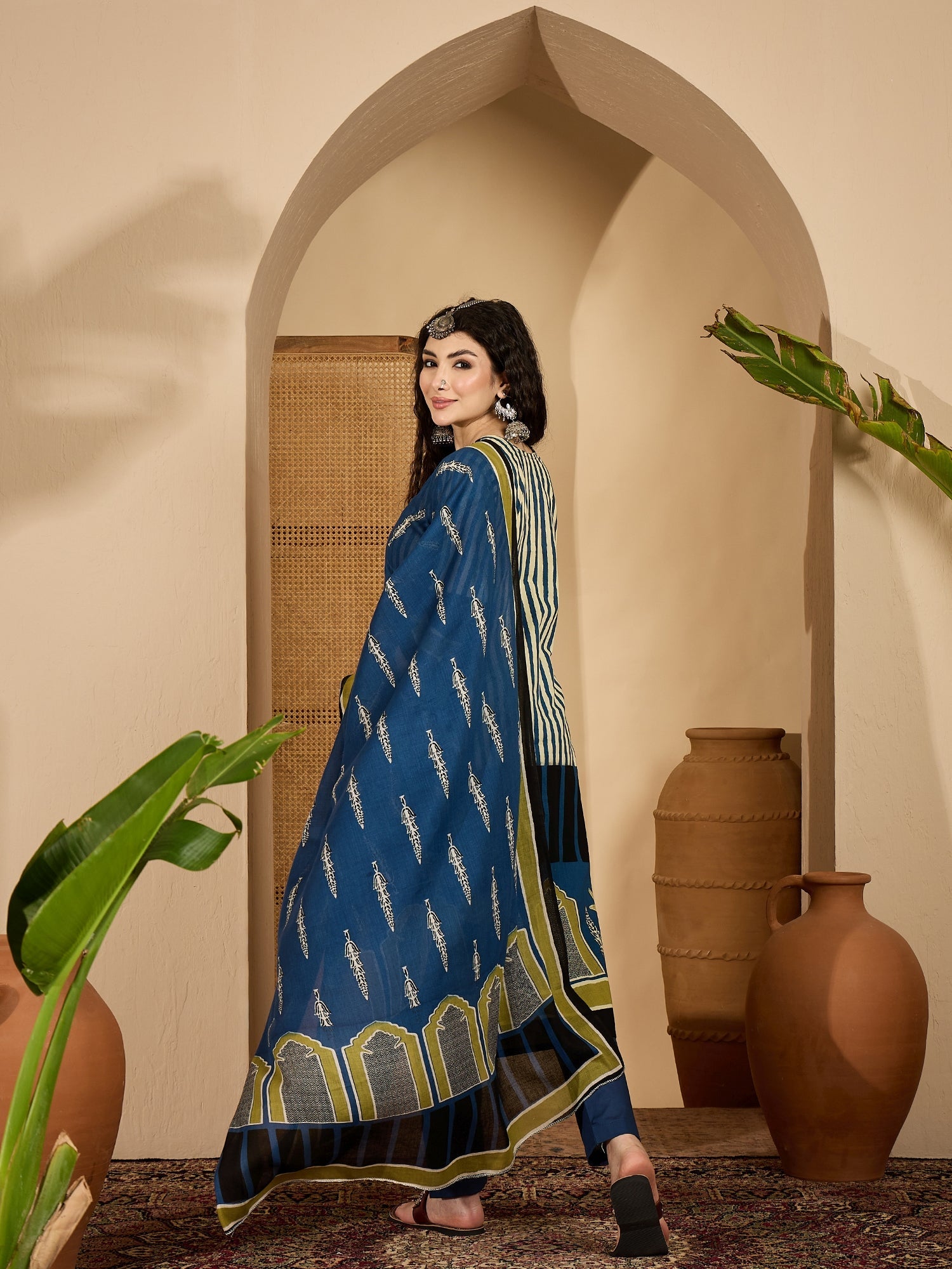 Women's Blue Striped Printed Cotton Straight Kurta Pant Dupatta Set (K