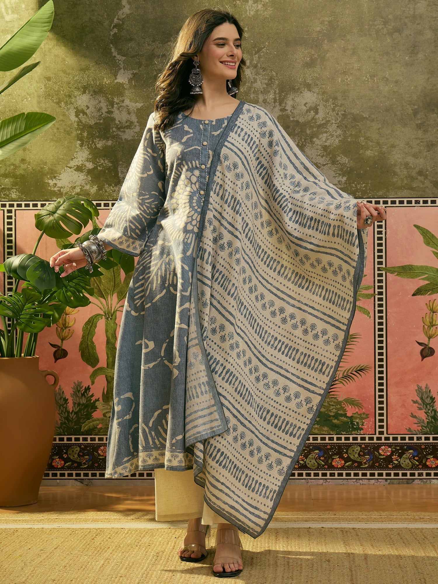 Women's Blue Ethnic Printed Cotton Flex A-Line Kurta Pant Dupatta Set 