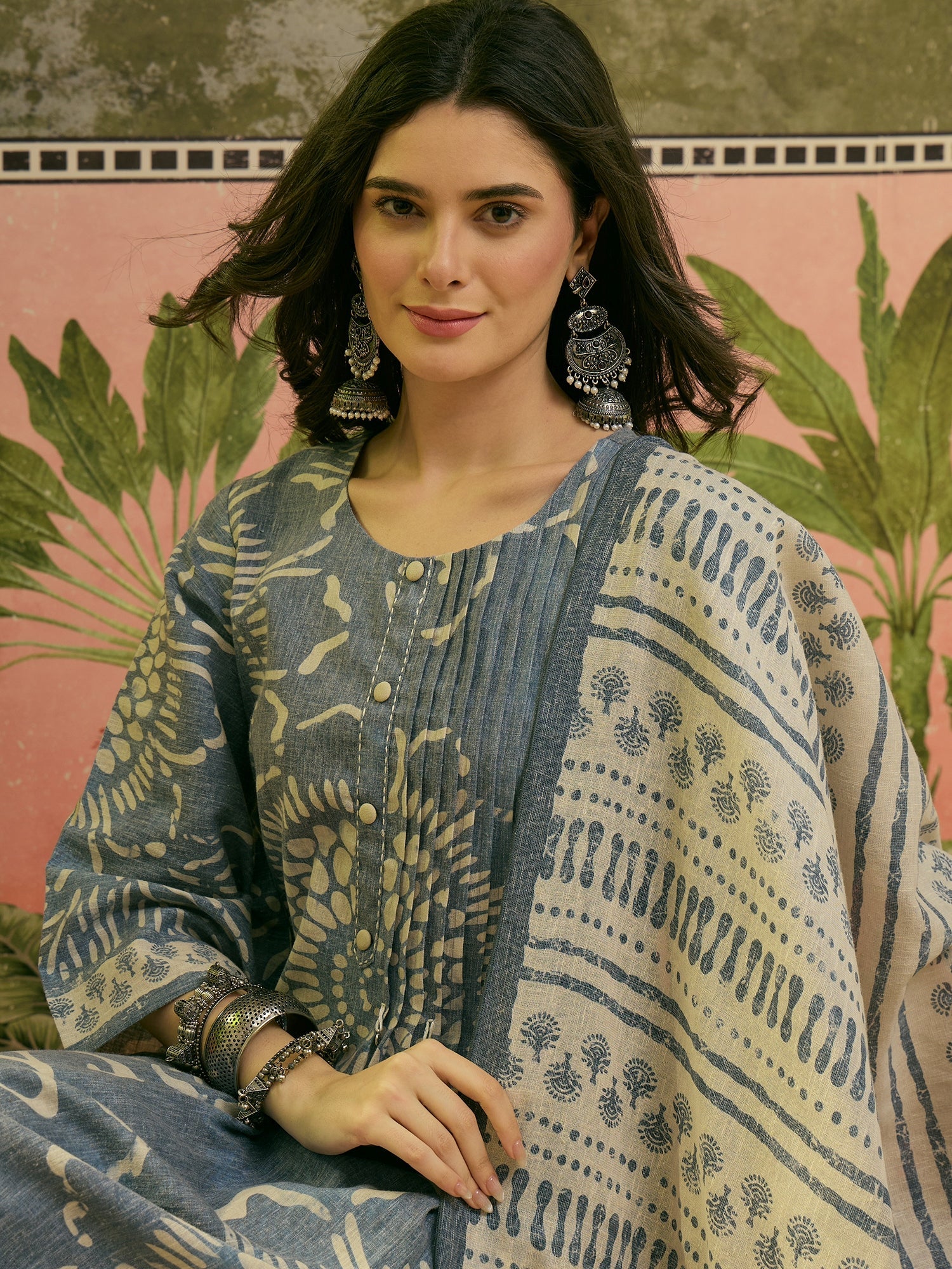Women's Blue Ethnic Printed Cotton Flex A-Line Kurta Pant Dupatta Set 