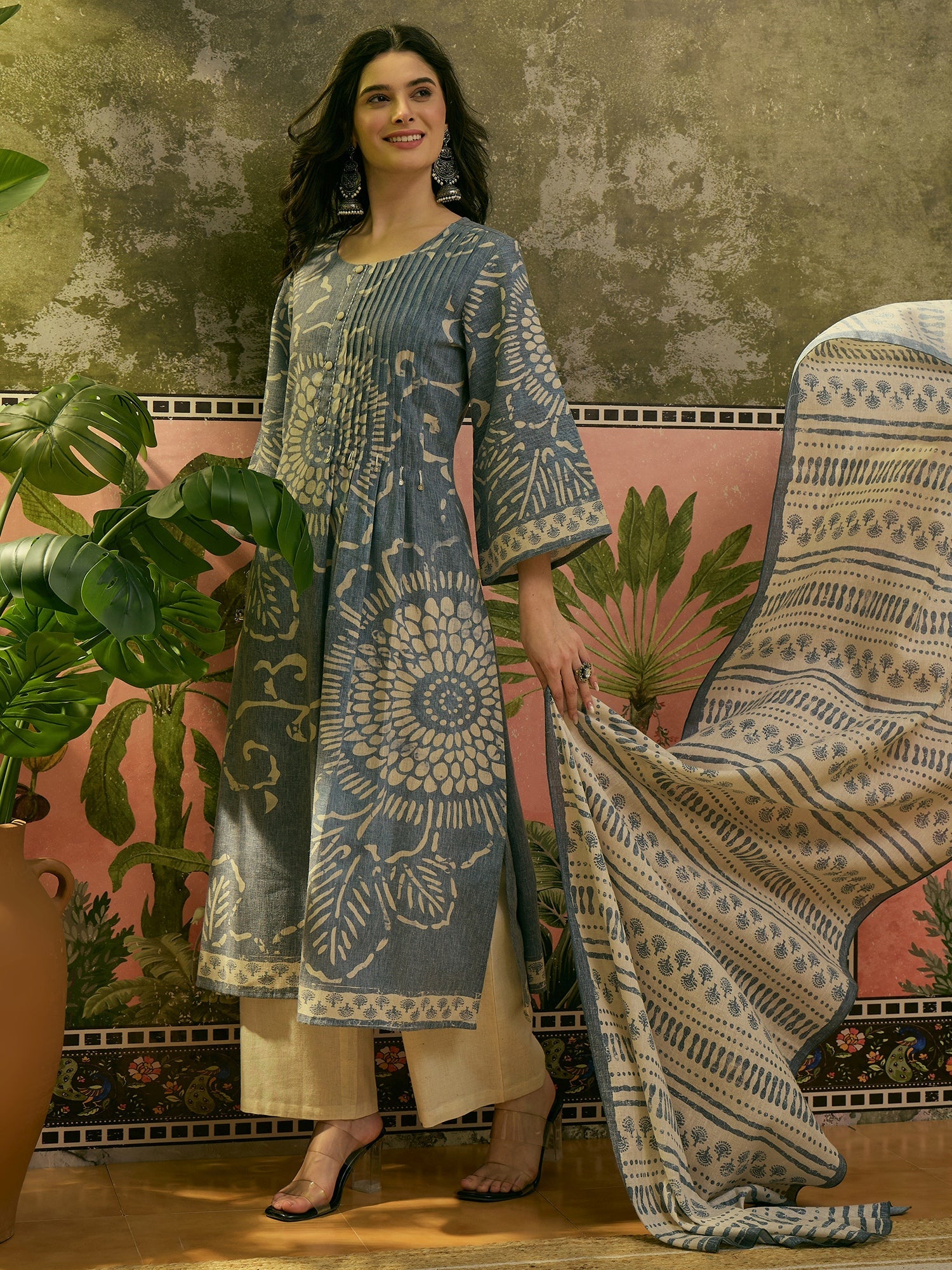 Women's Blue Ethnic Printed Cotton Flex A-Line Kurta Pant Dupatta Set 