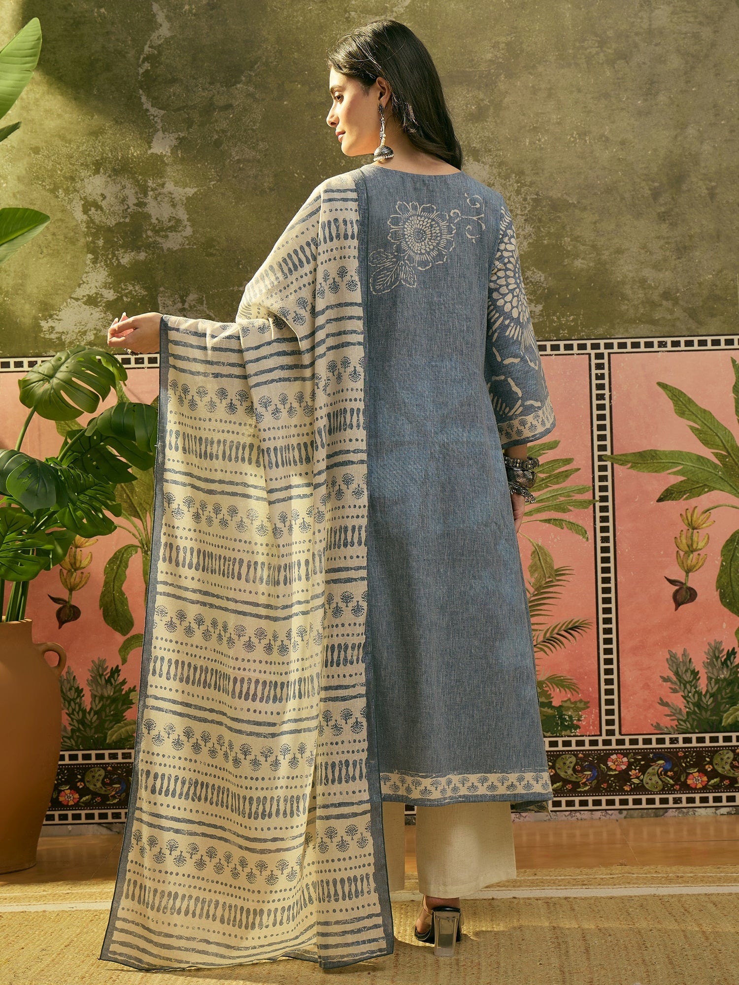 Women's Blue Ethnic Printed Cotton Flex A-Line Kurta Pant Dupatta Set 