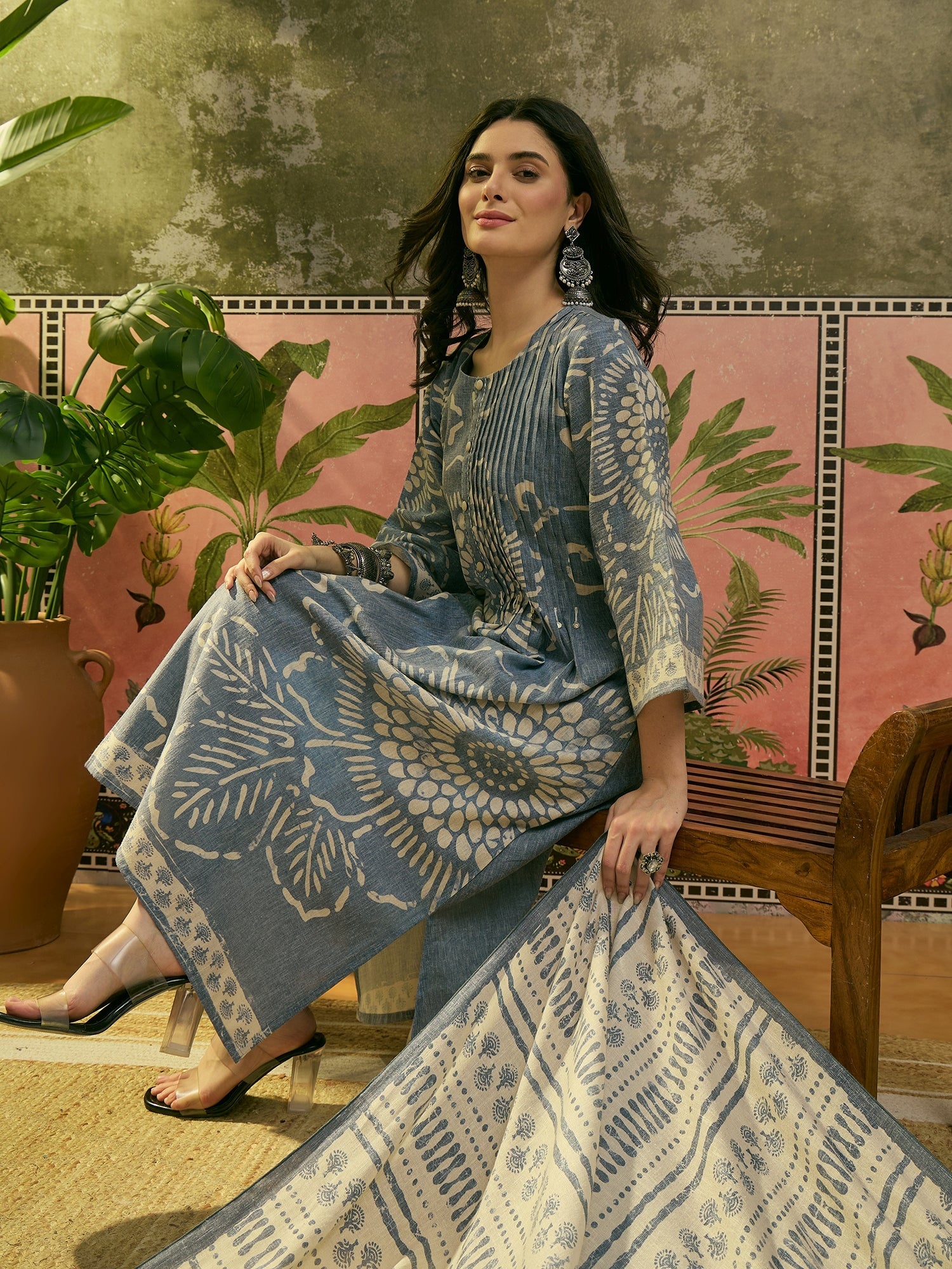 Women's Blue Ethnic Printed Cotton Flex A-Line Kurta Pant Dupatta Set 