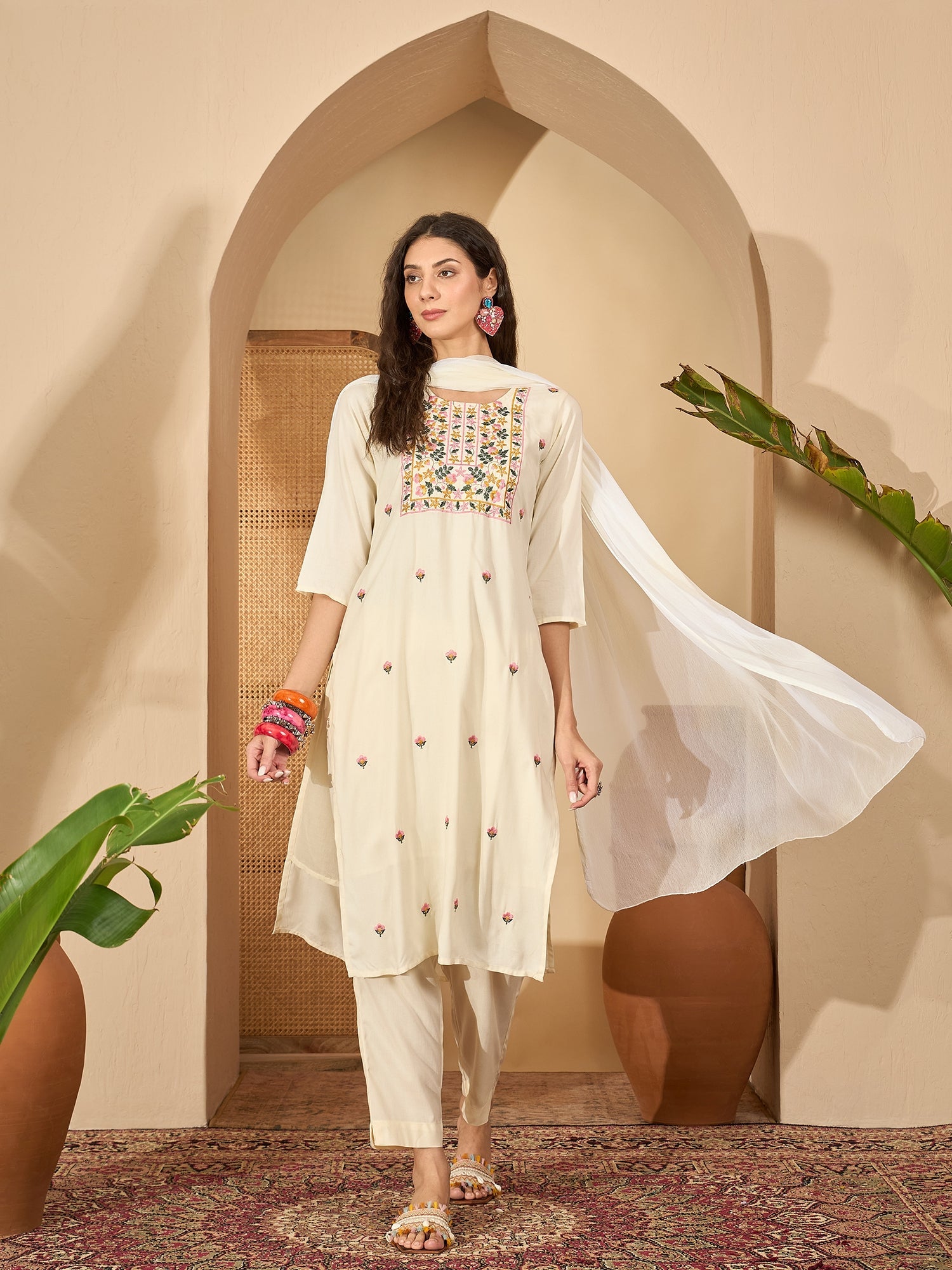 Stylum Women's Cream Solid & Embroidered Rayon Straight Kurta Pant Dupatta Set (KPDCREAMGONNY)