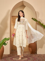 Stylum Women's Cream Solid & Embroidered Rayon Straight Kurta Pant Dupatta Set (KPDCREAMGONNY)