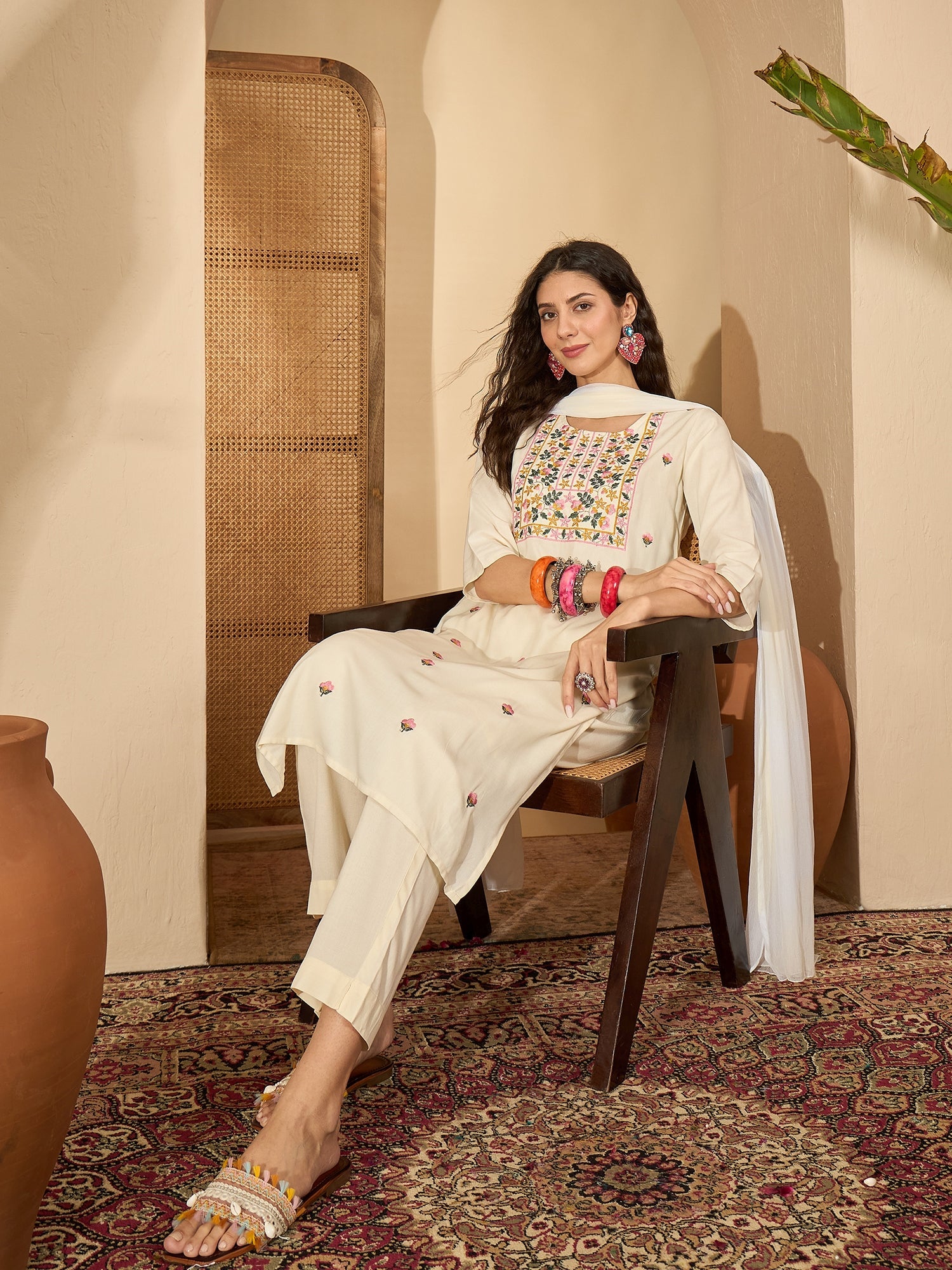 Stylum Women's Cream Solid & Embroidered Rayon Straight Kurta Pant Dupatta Set (KPDCREAMGONNY)