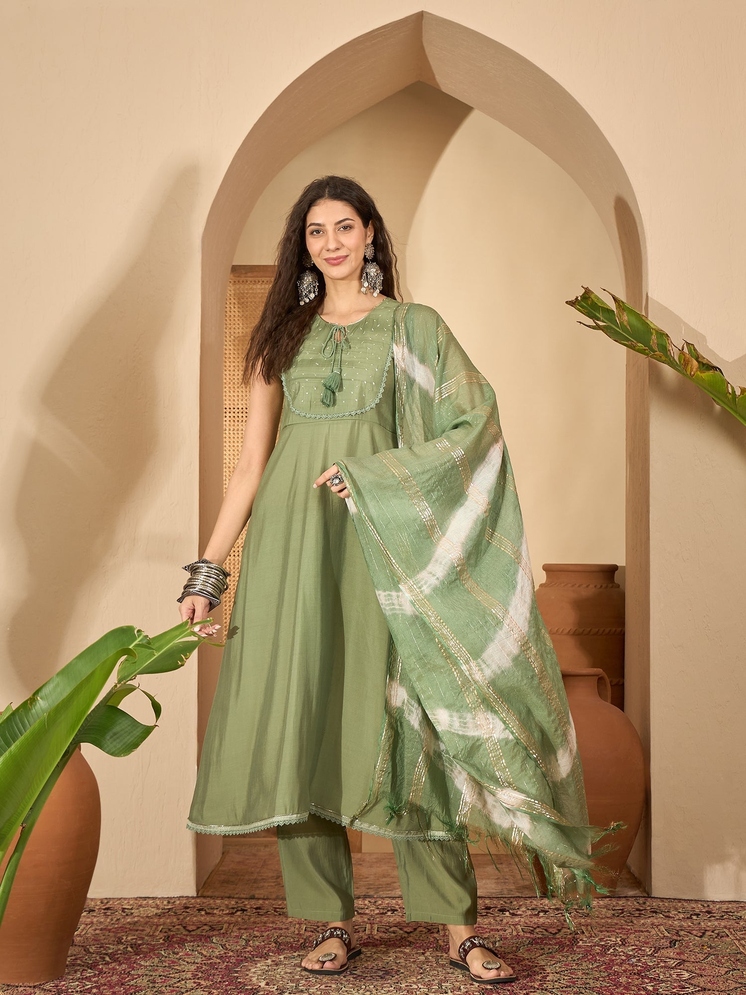 Women's Green Solid & Embroidered Silk Blend A-Line Kurta Pant Dupatta