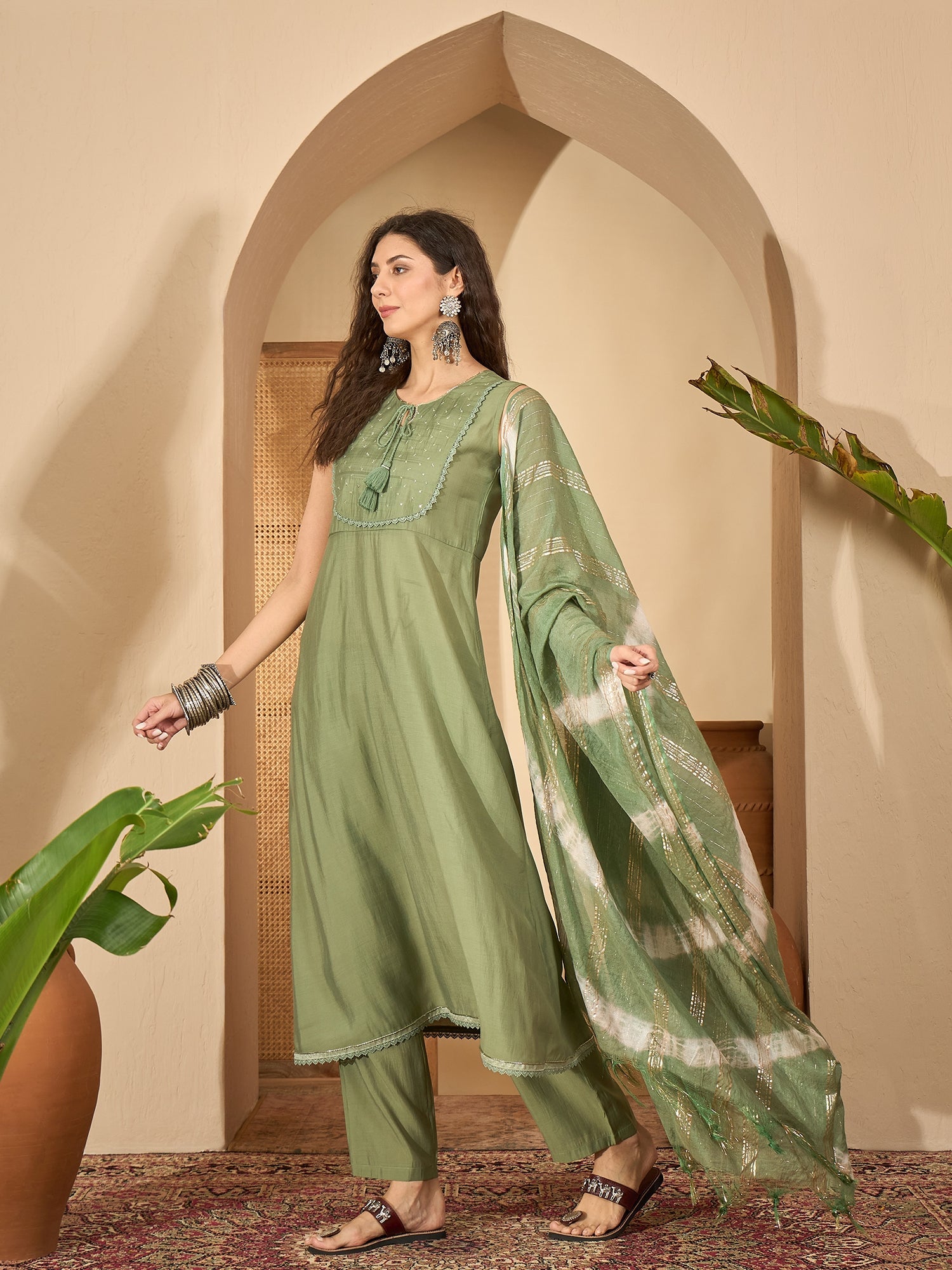 Women's Green Solid & Embroidered Silk Blend A-Line Kurta Pant Dupatta