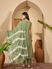 Stylum Women's Green Solid & Embroidered Silk Blend A-Line Kurta Pant Dupatta Set (KPDGREENFABLE)