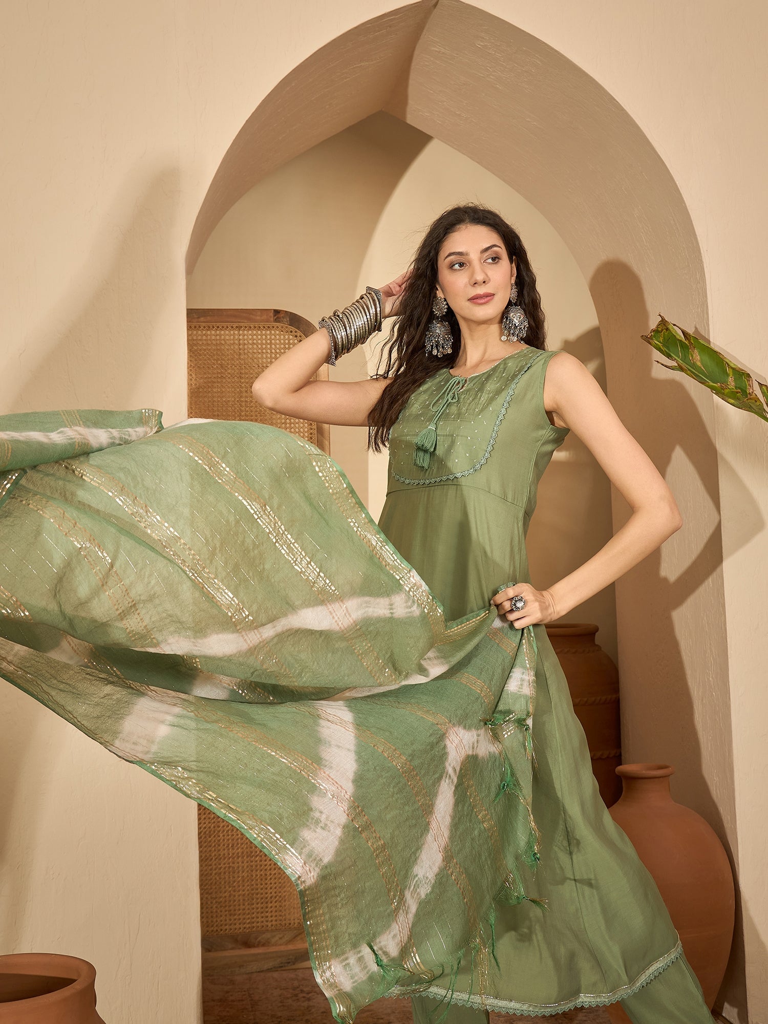 Women's Green Solid & Embroidered Silk Blend A-Line Kurta Pant Dupatta