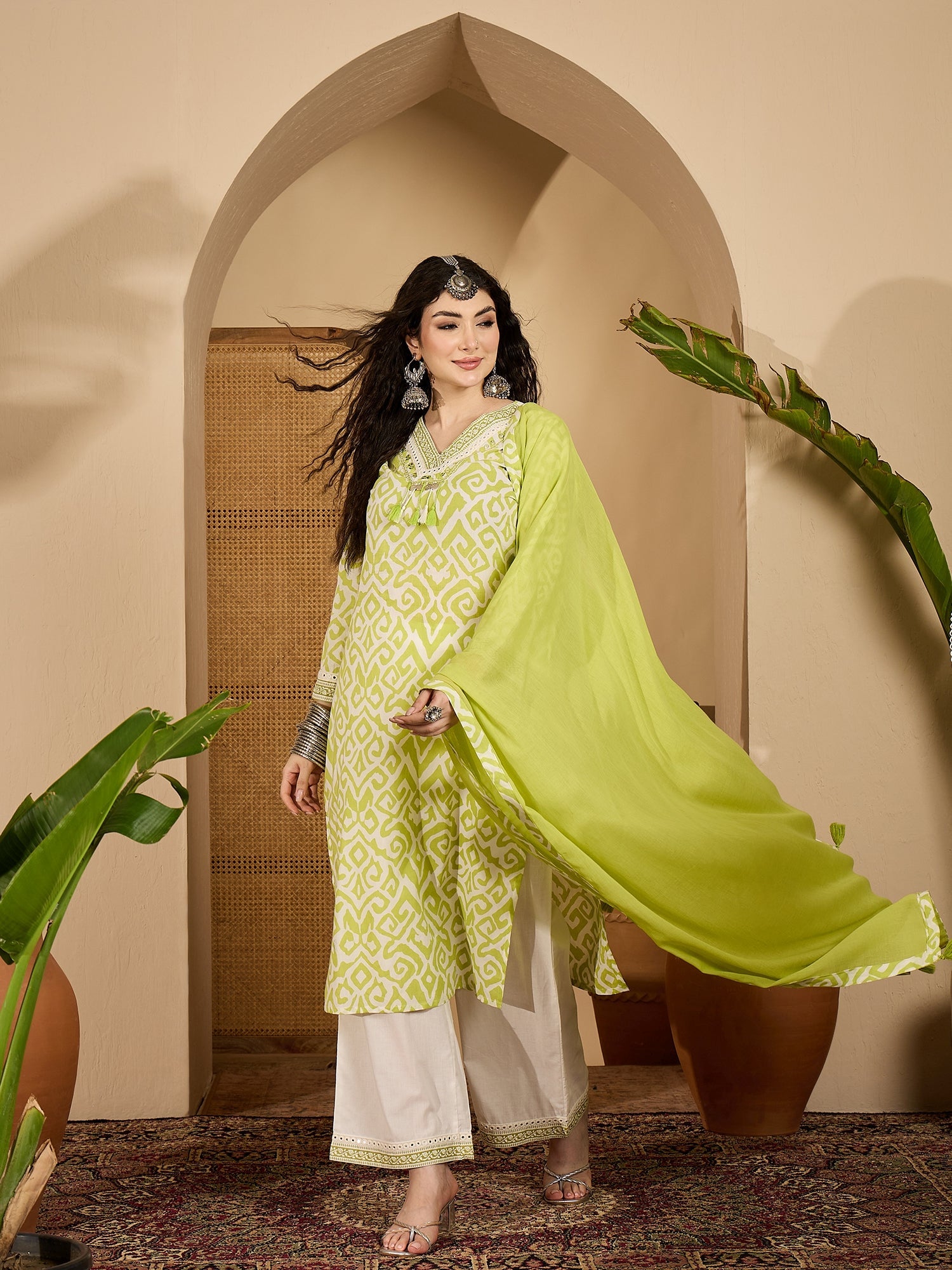 Women's Green Ikat Printed Cotton Straight Kurta Palazzo Dupatta Set (