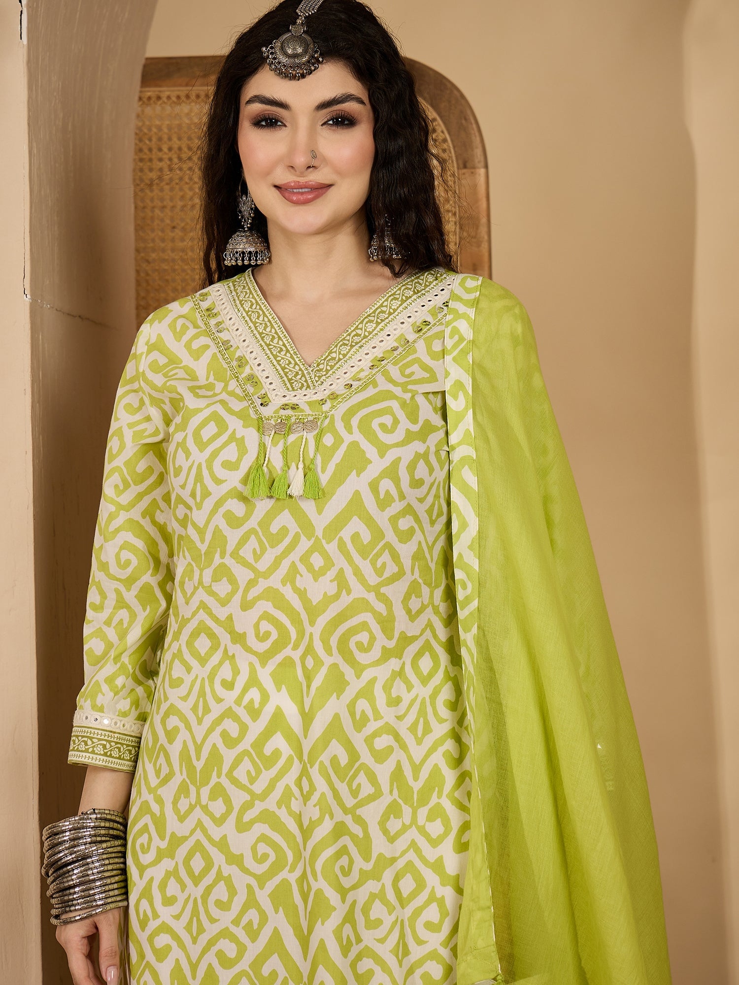 Women's Green Ikat Printed Cotton Straight Kurta Palazzo Dupatta Set (